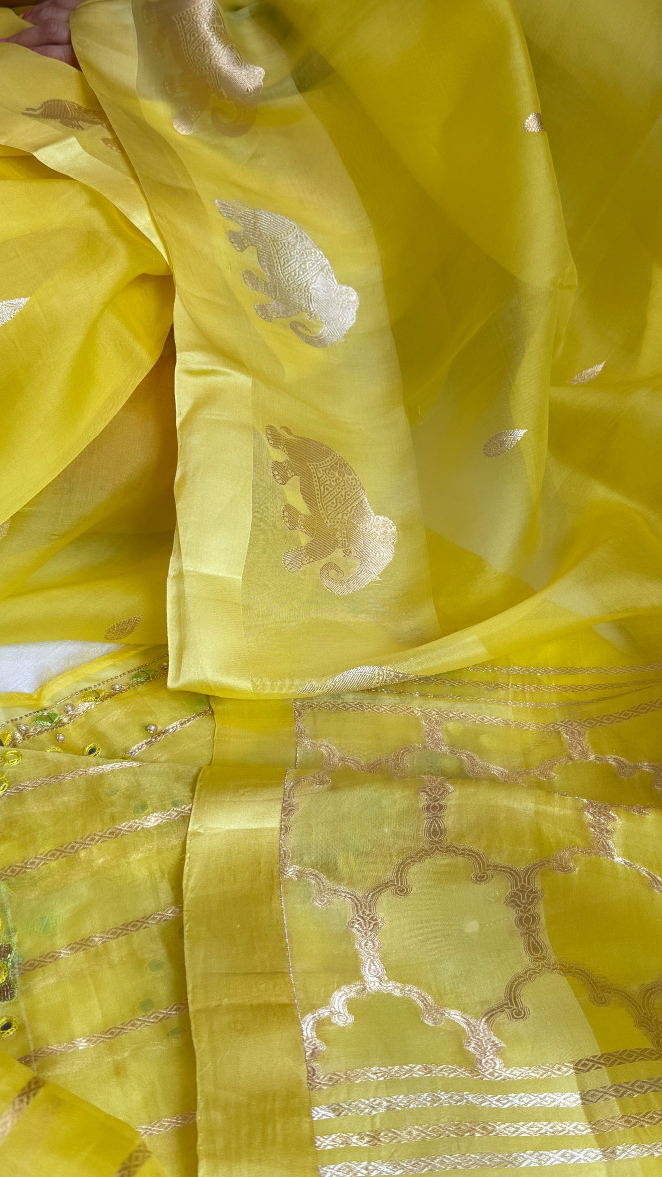 Lemon yellow banarasi kora silk hand embroidered saree