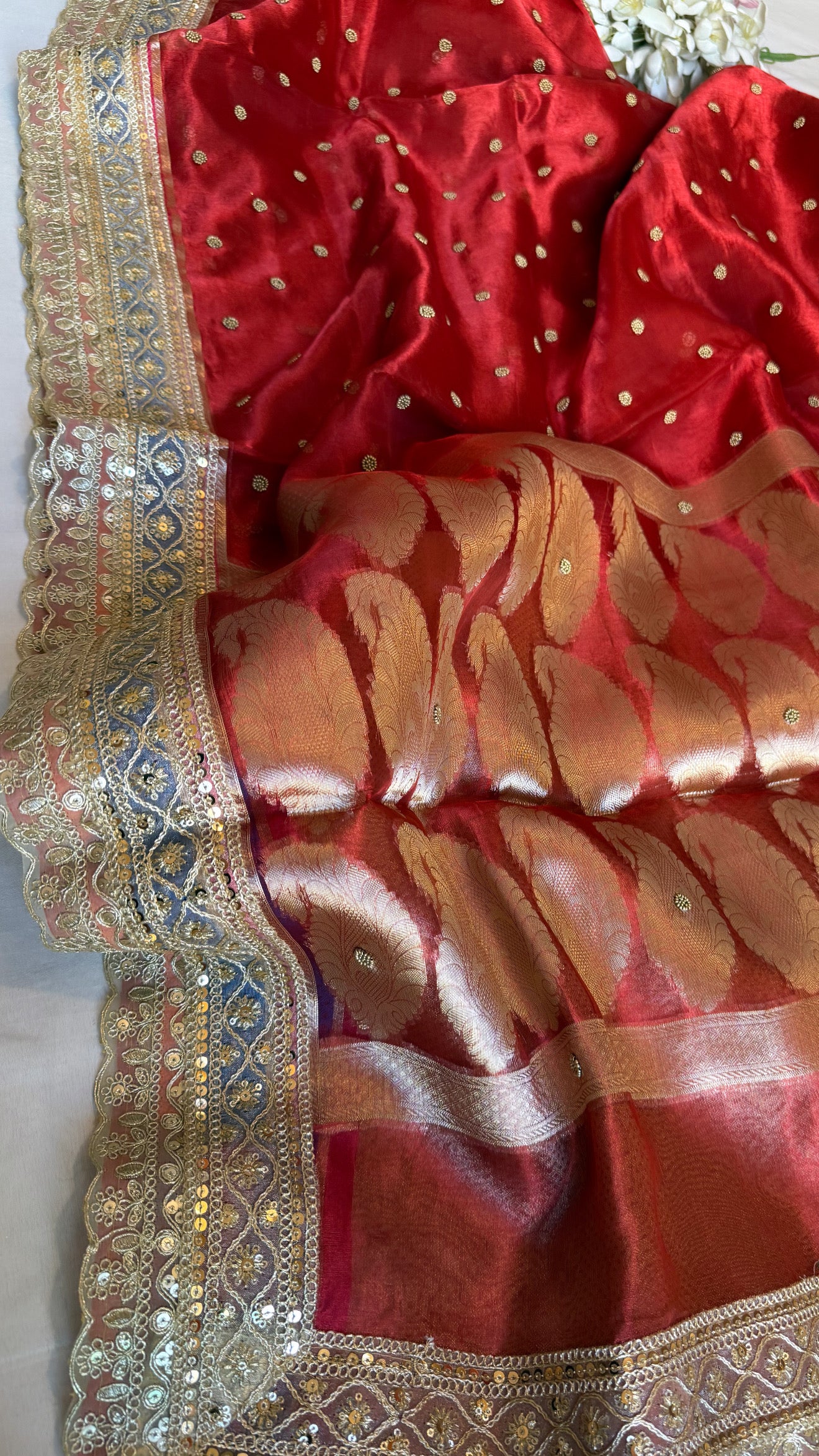 Maharani chunri buti hand embroidered kadhwa tissue silk saree