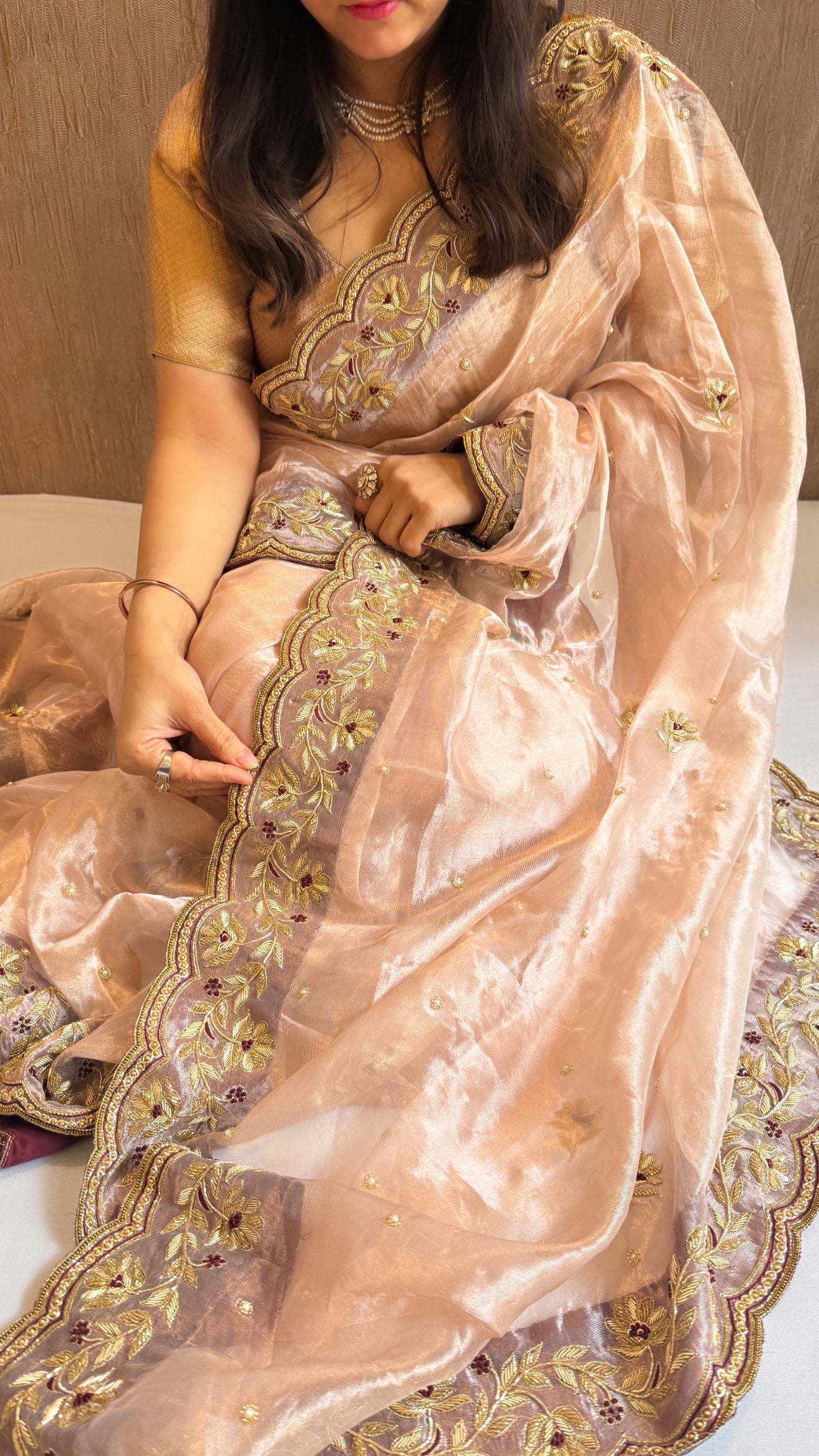 Diamond tissue silk floral kadhwa hand embroidered border