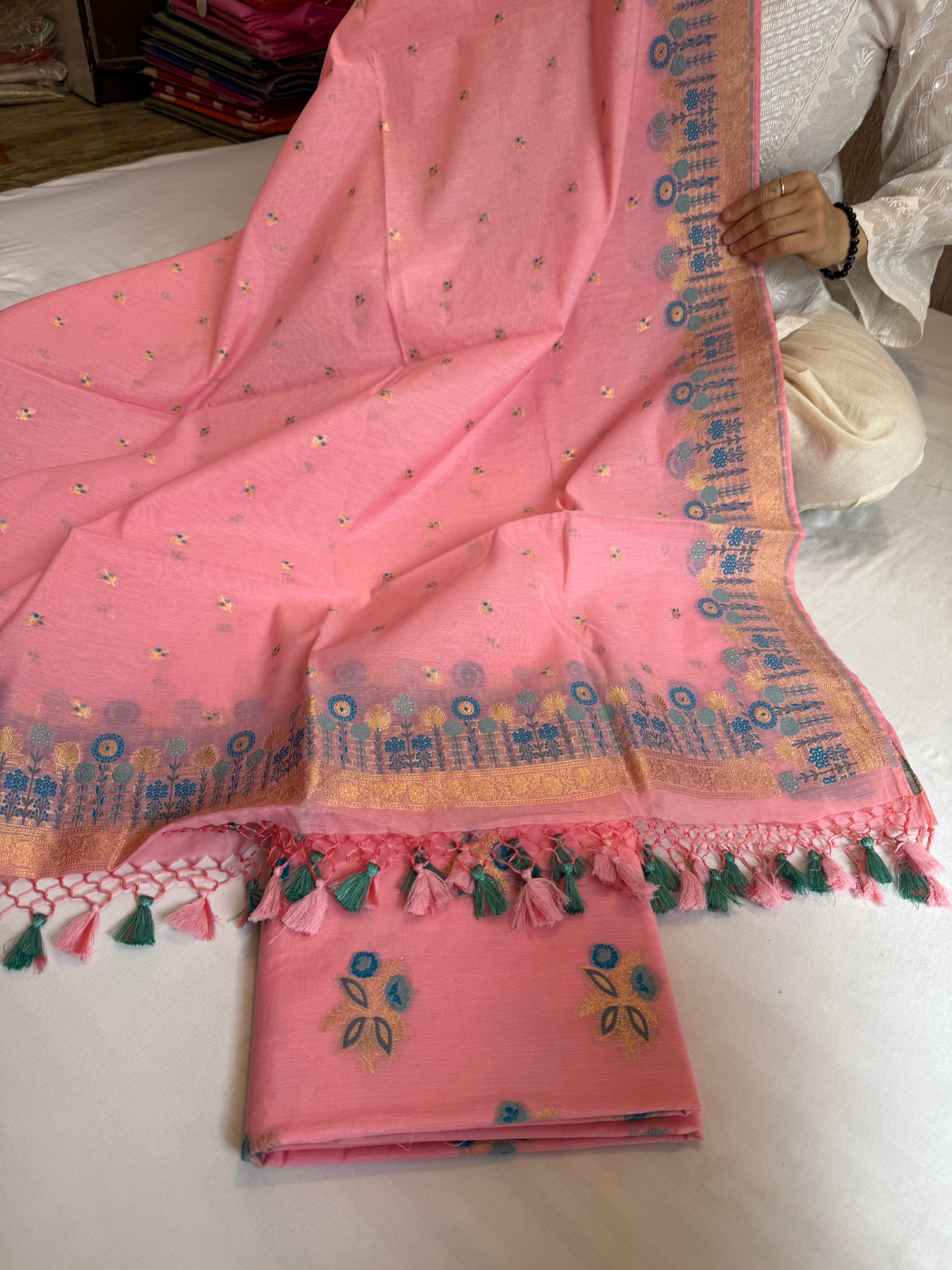 Banarasi cotton resham meenakari kadhwa suit set