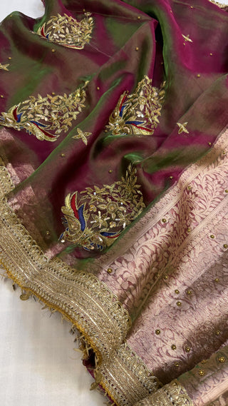 Baarat wali saree - Pink-green dhup chao effect peacock motif hand embroidered tissue silk saree