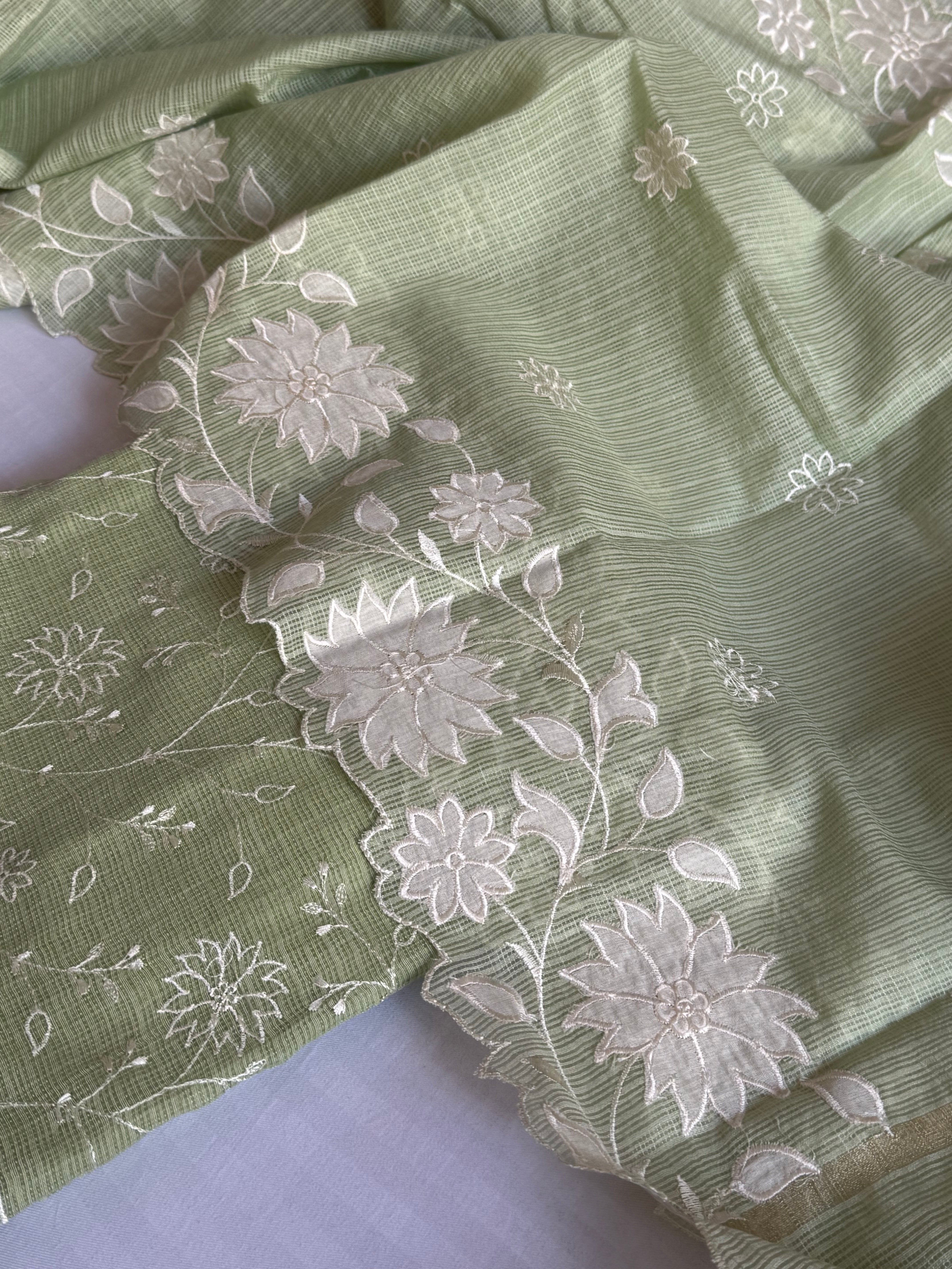 Apple green kota check appliqué work kadhwa suit set