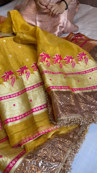 Haldi yellow linen tissue silk suit set