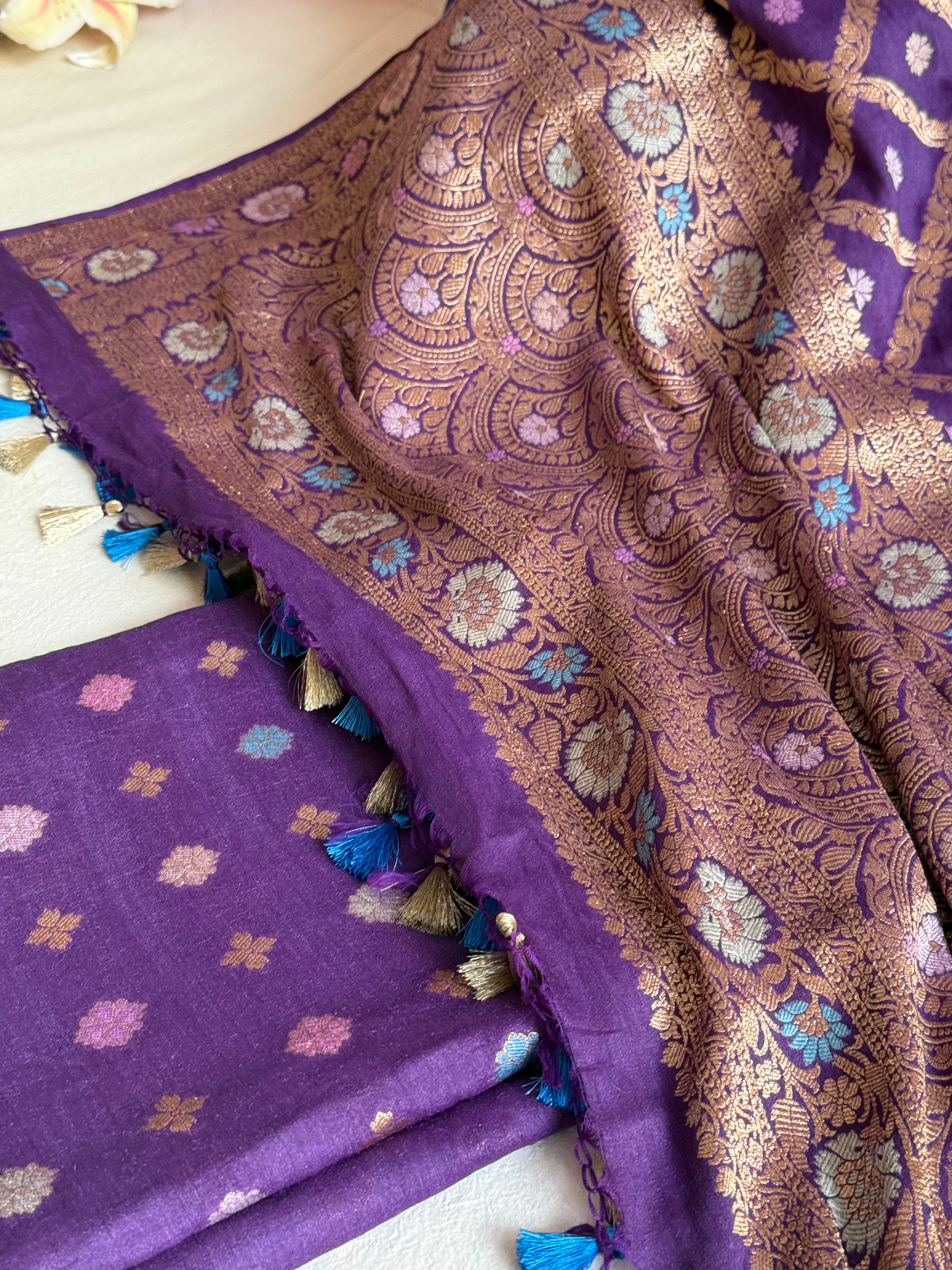 Moonga silk brinjal purple chaukadi duppata with meenakari kadhwa weaving