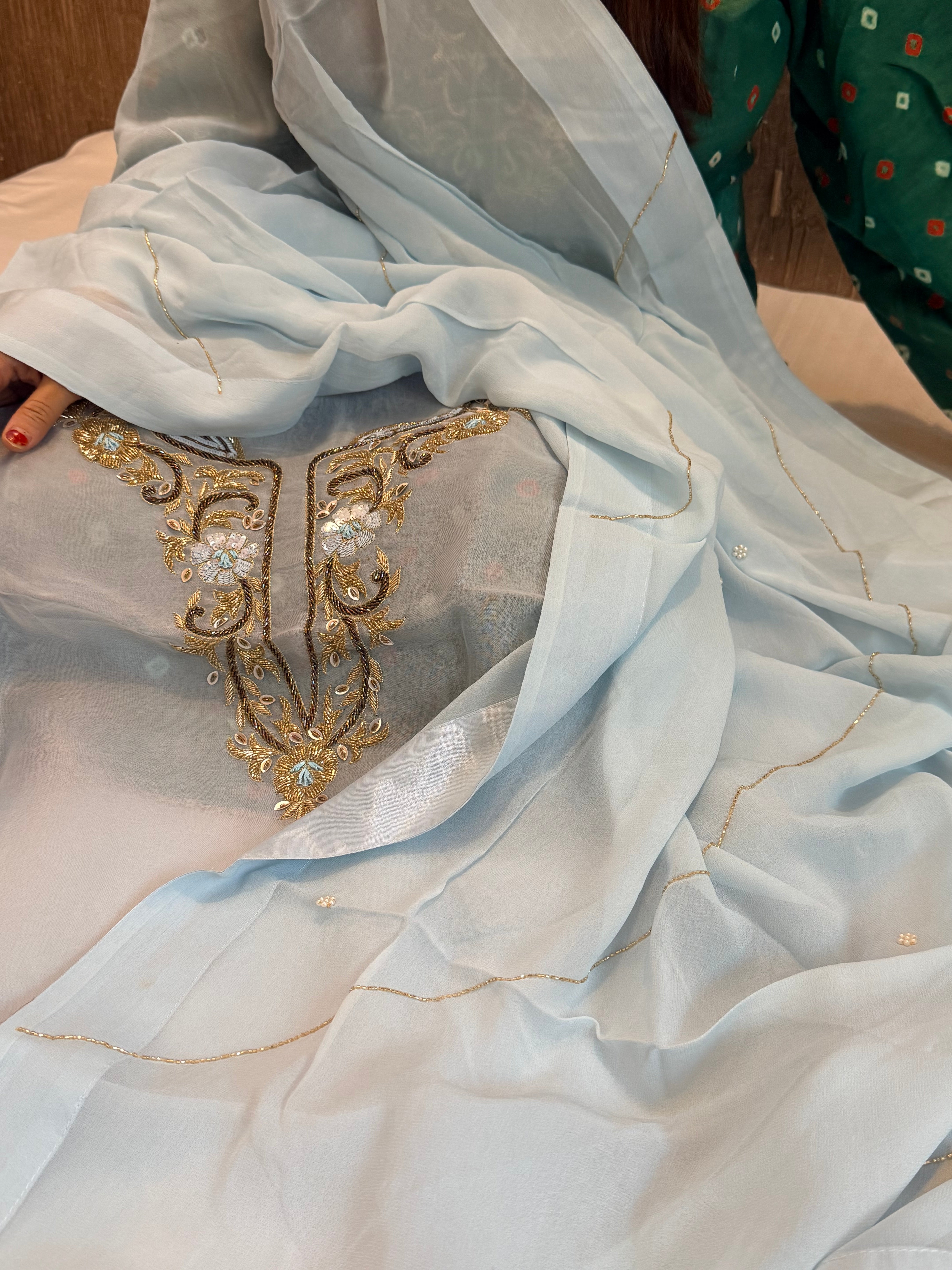 Ice blue kora silk gotapatti hand embroidered suit set