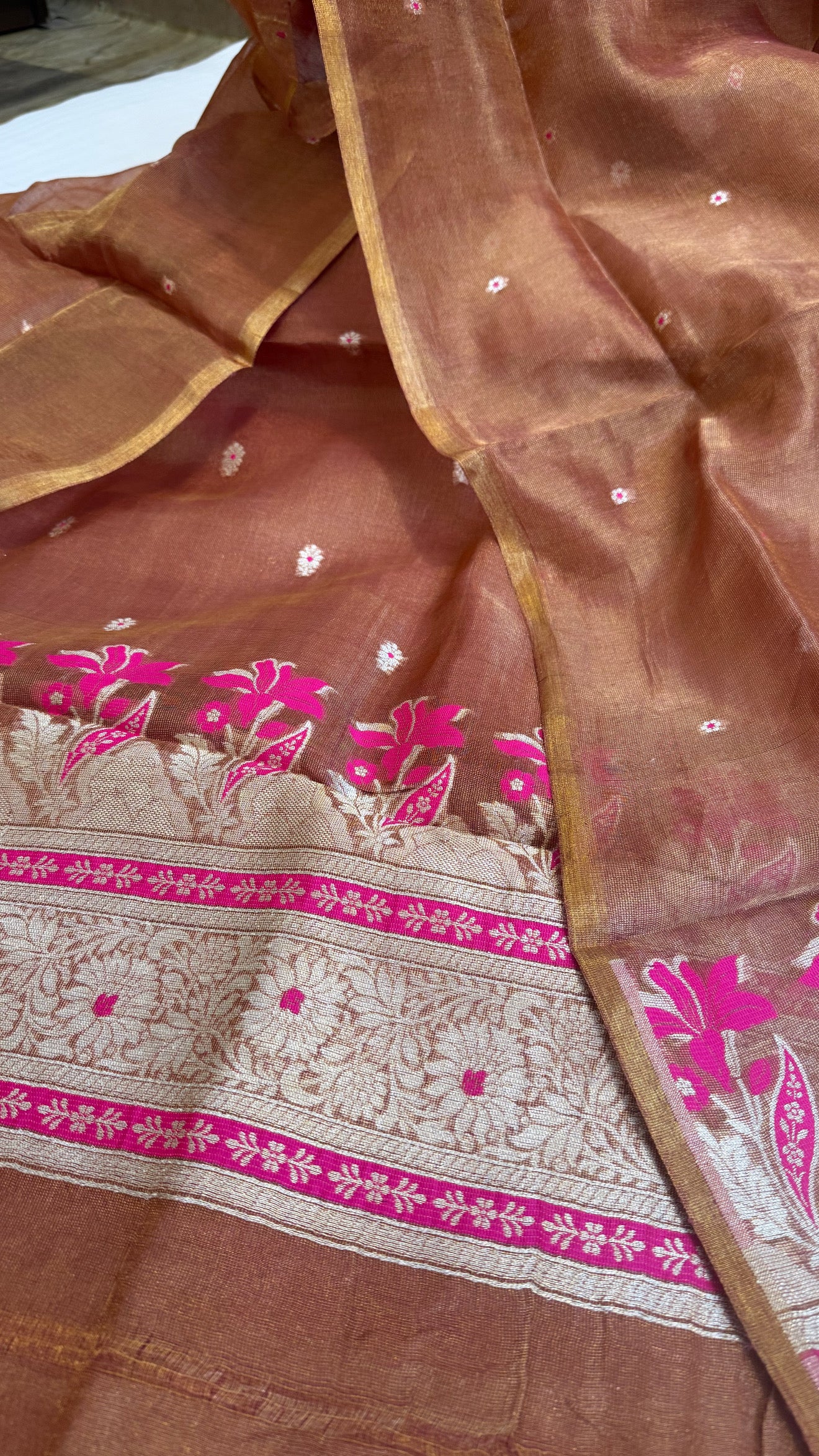 Linen tissue rust orange kadhwa meenakari suit sets