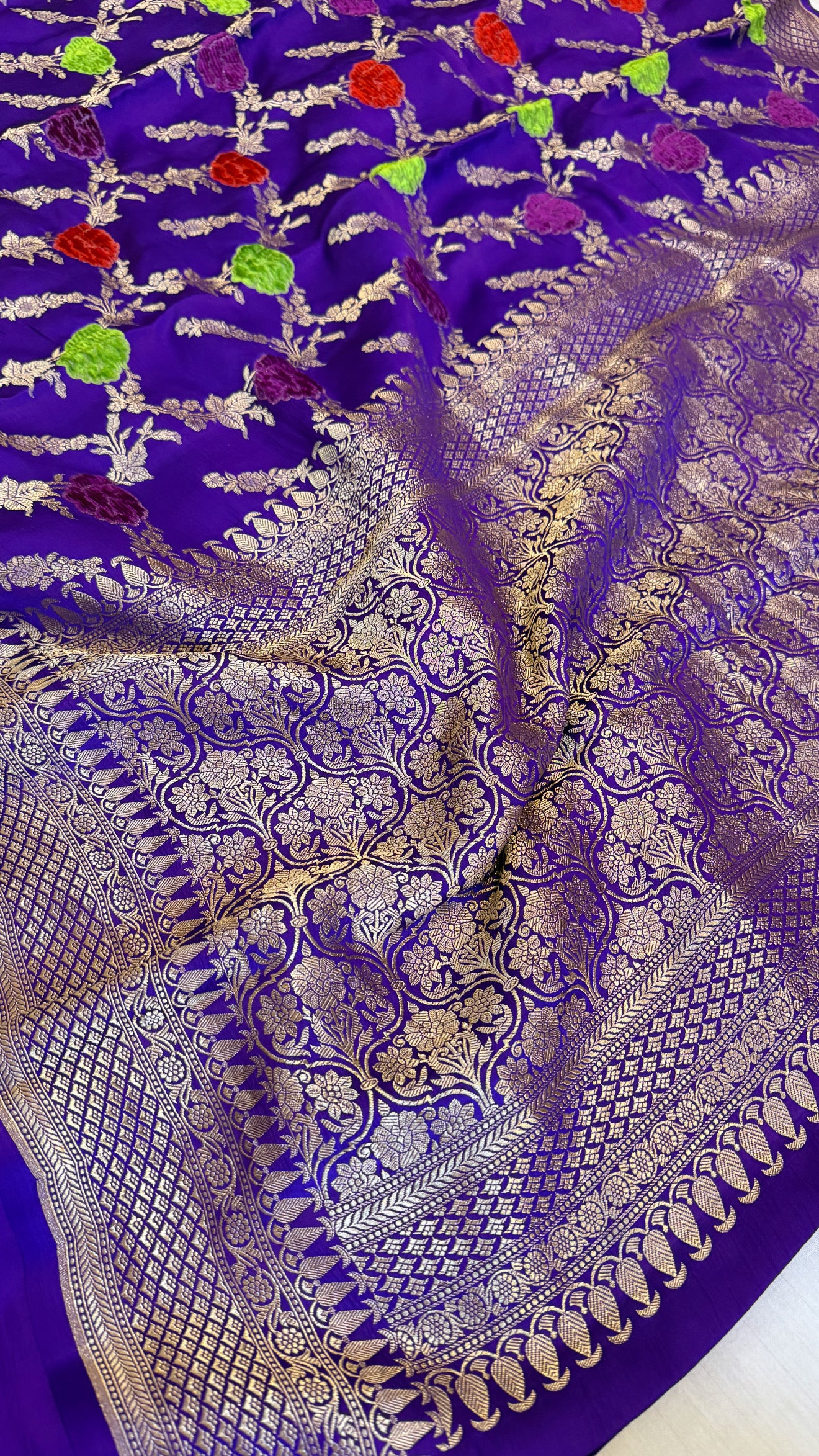 Deep purple banarasi mashru silk velvet buti kadhwa weaving saree