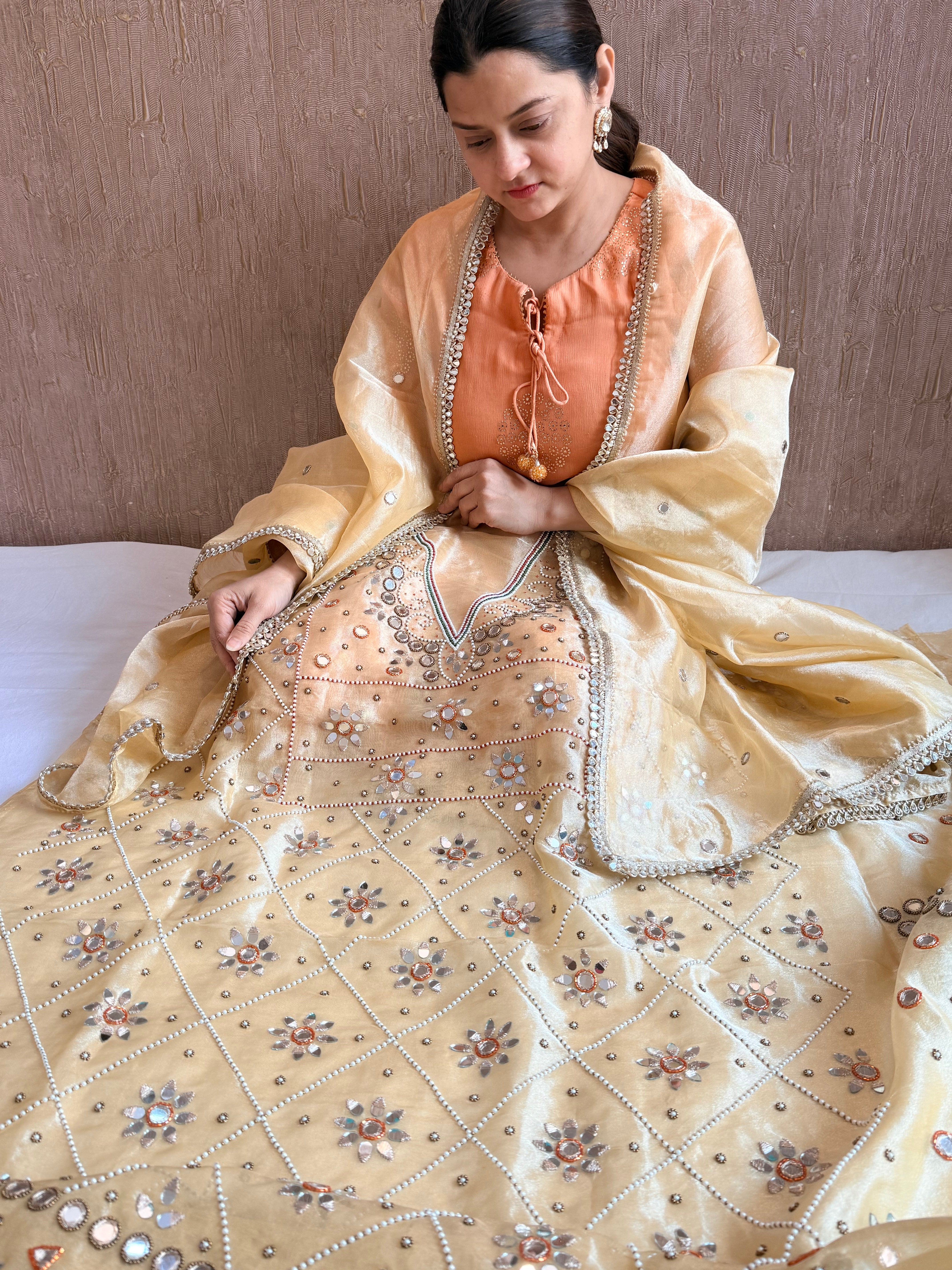 Sheeshmahal suit - Lime yellow tissue silk mirror work hand embroidered suit set