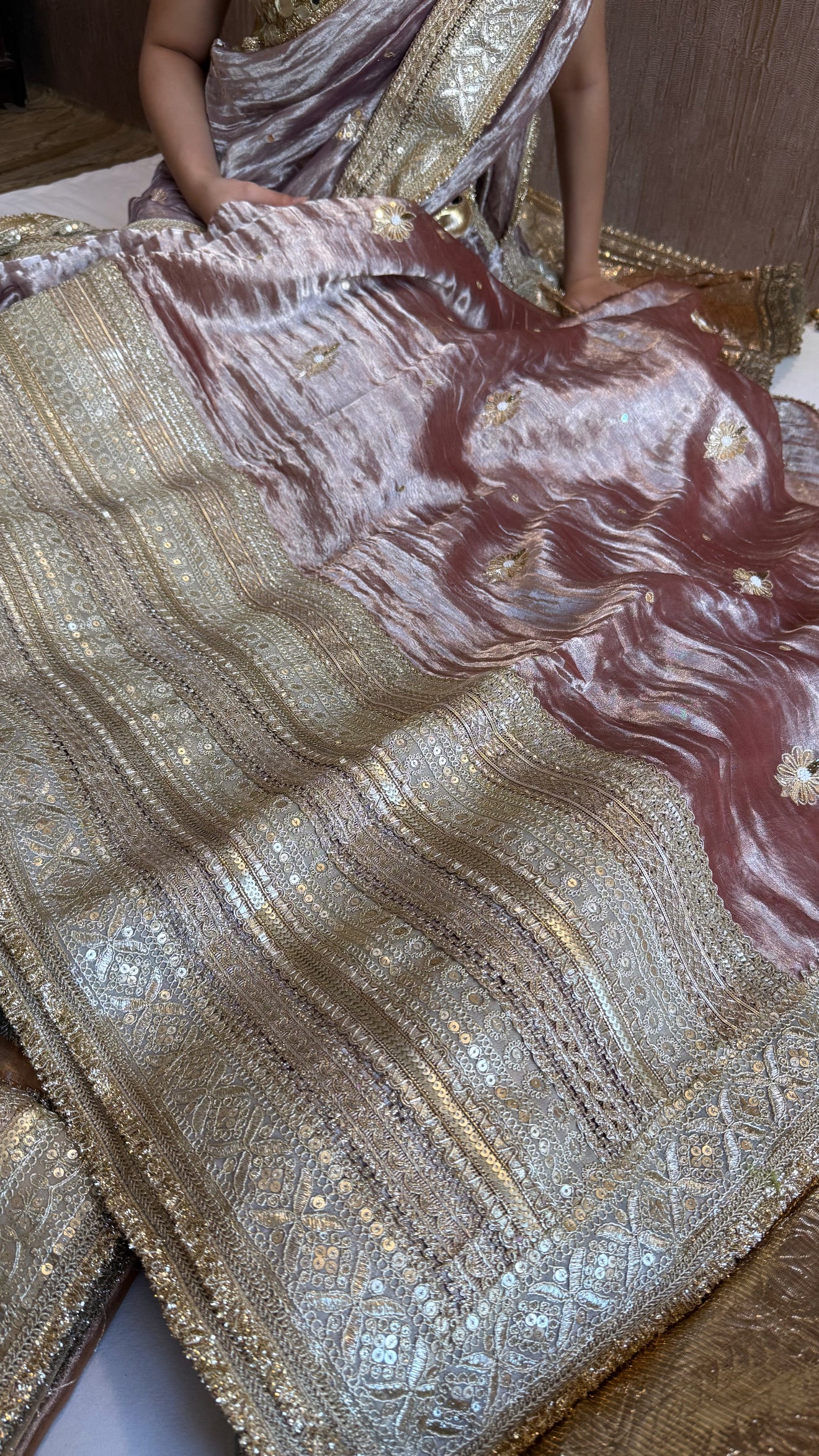 Lehenga style saree edit - Pastel plum diamond tissue silk tilli work hand embroidered gotapatti saree