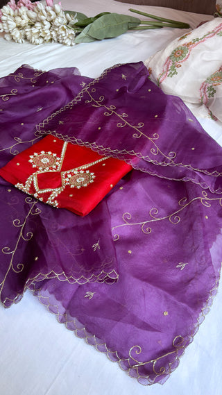 Husn red-purple shade kora silk hand embroidered suit set