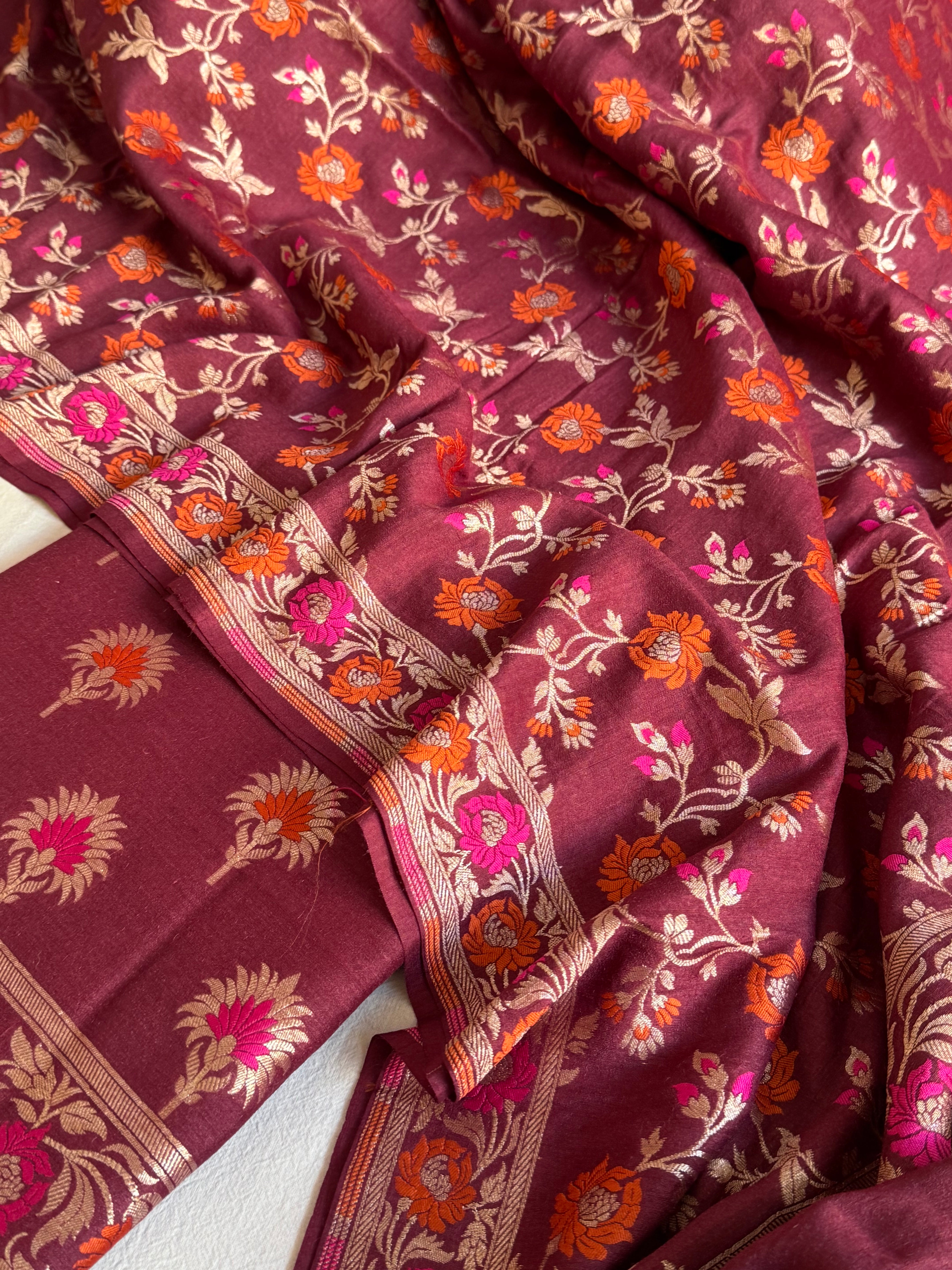 Moonga silk maroonish red meenakari kadhwa jaal suit set