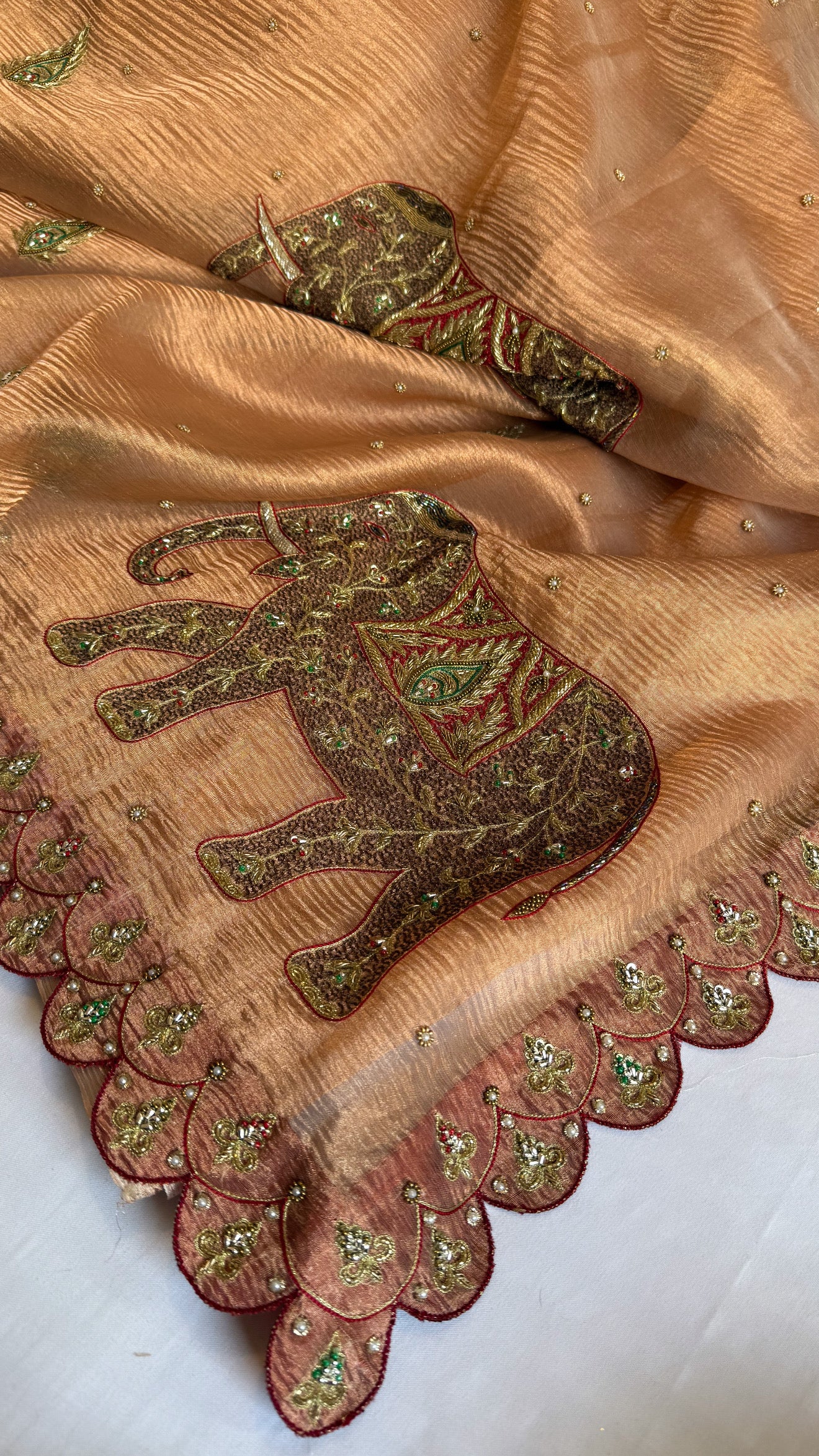 GajGamini crushed copper tissue silk elephant motif heavy hand embroidered meenakari work saree