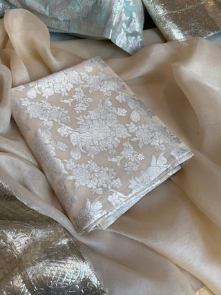Dusty beige cotton handloom kadhwa jungla silver zari kurta paired with kora silk gotapatti duppata set