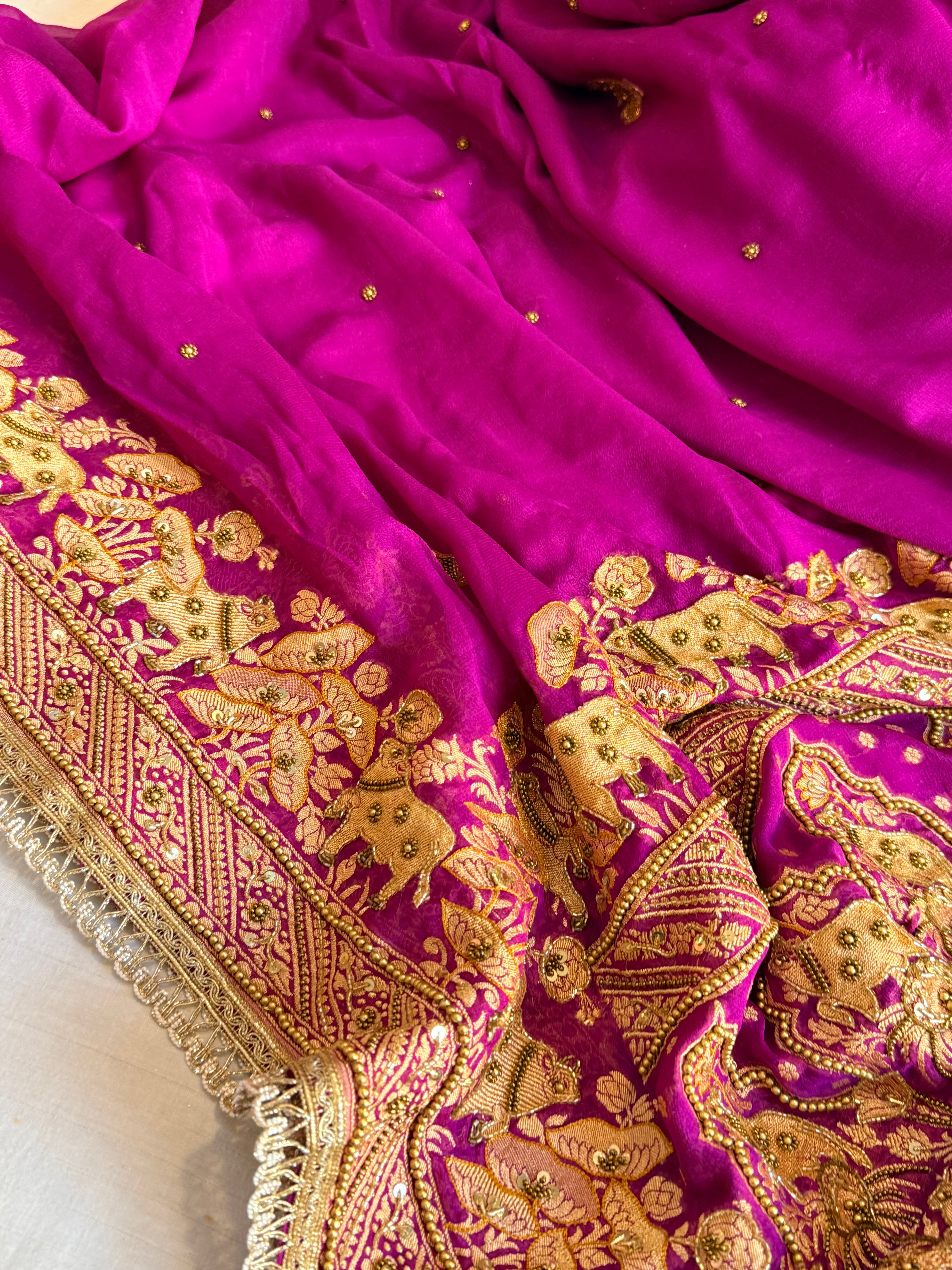 Banarasi chiffon gorgette purple hand embroidered kadhwa saree