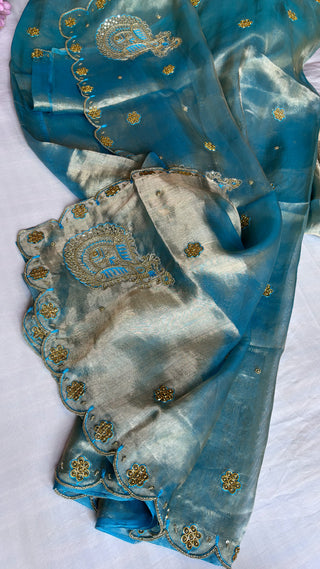 Husn sea blue tissue silk saree