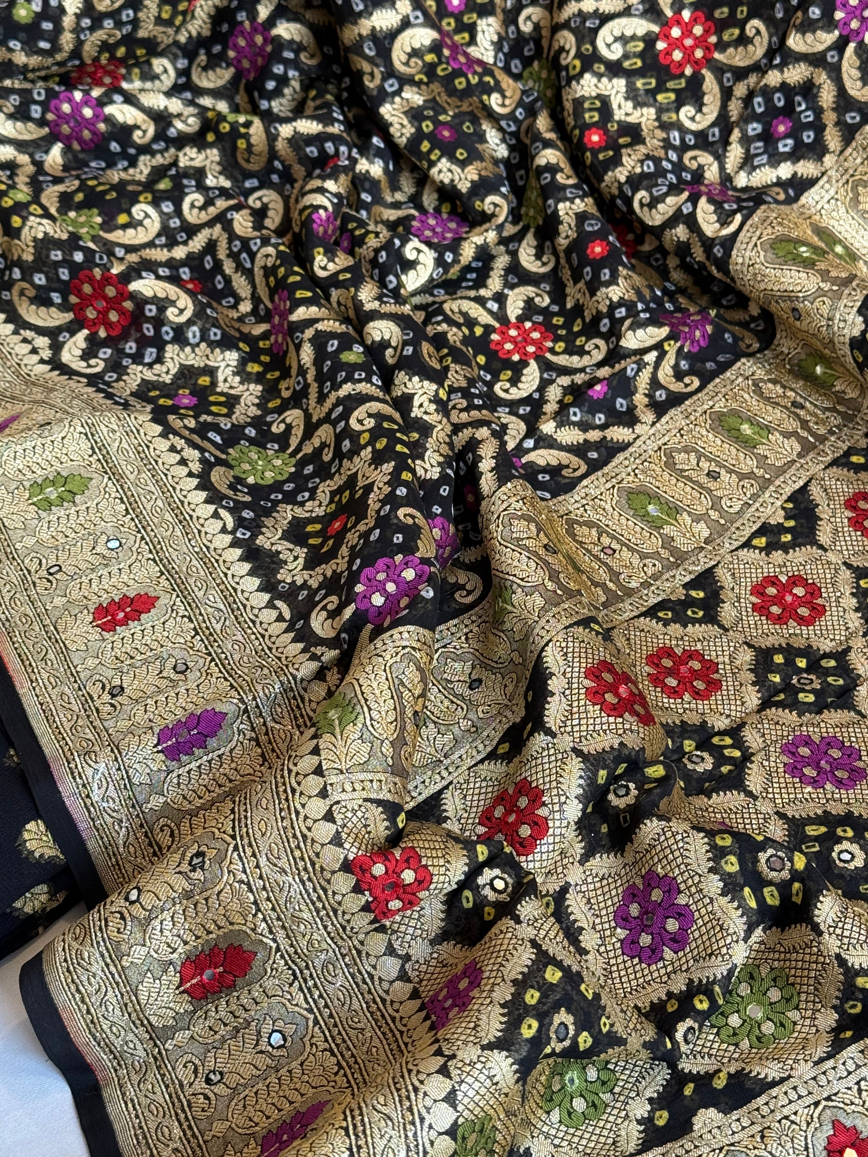 Mirror and dori work black banarasi gorgette kadhwa suit set