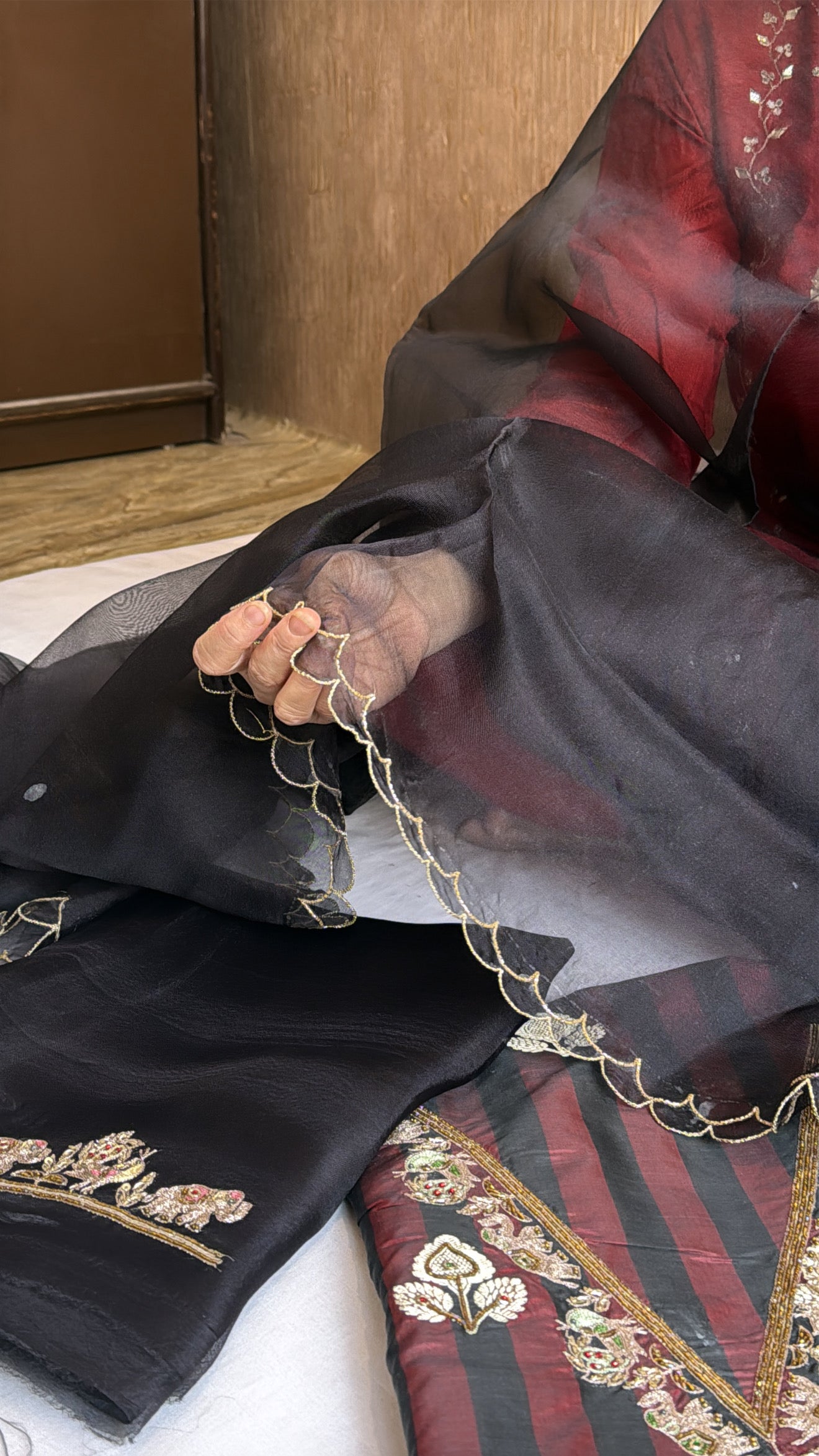 Black-red dhup chao effect katan silk striped kurta paired with Kora silk duppata set