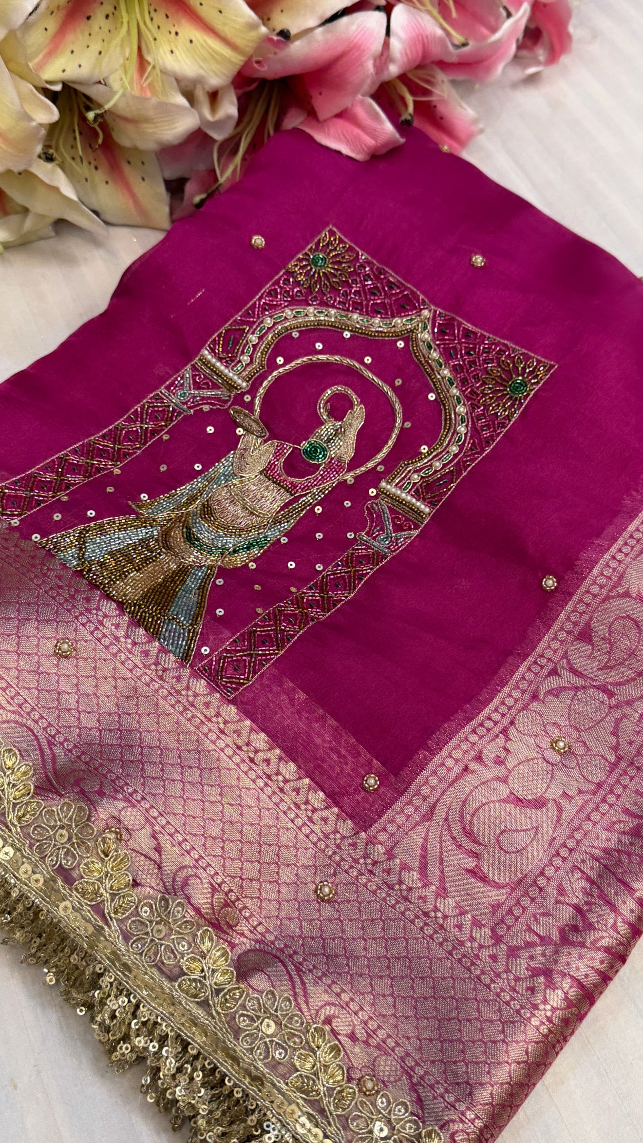 Karwachauth special - Hot metallic pink tissue silk hand embroidered kadhwa saree