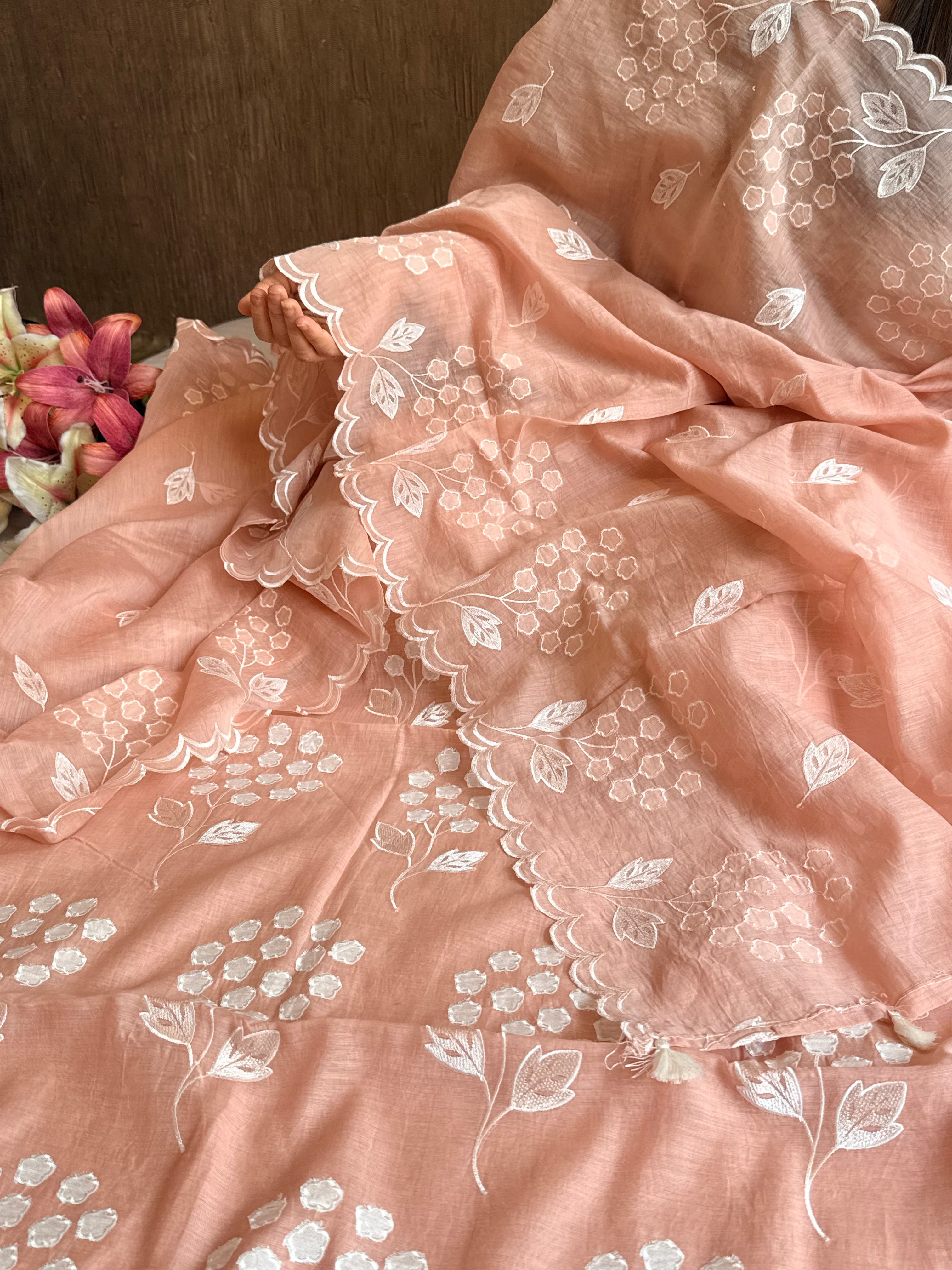 Alia bhatt inspired blush peach mulmul appliqué work suit set