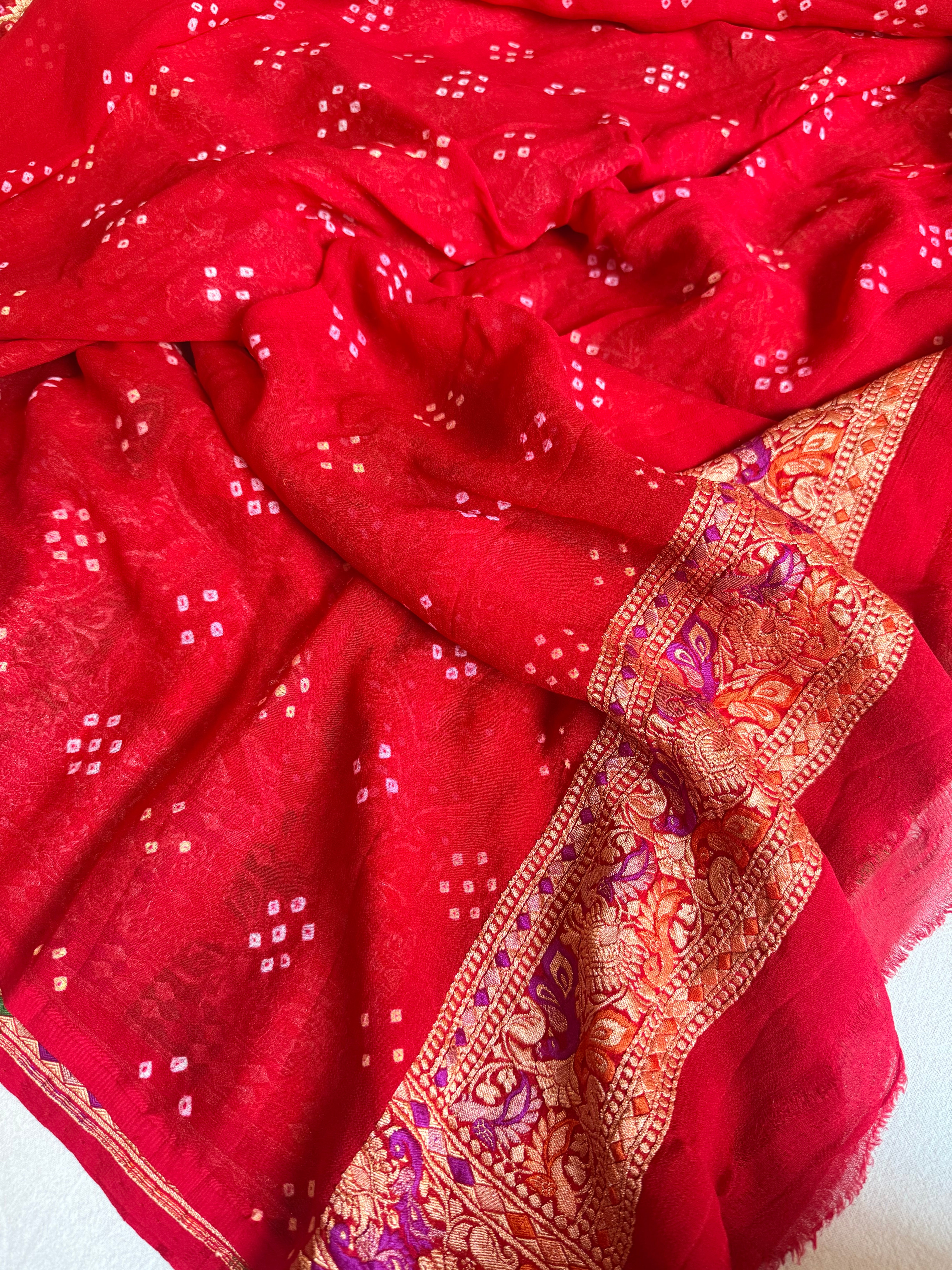 Banarasi chiffon gorgette rai bandhej kadhwa weaving hand embroidered saree