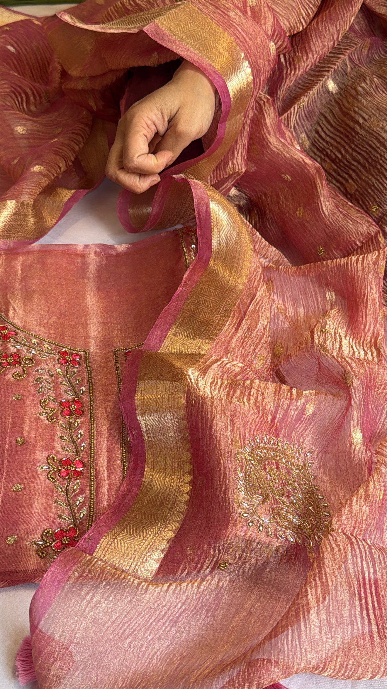 Cherry pink tissue silk hand embroidered kurta paired with crushed tissue silk duppata set