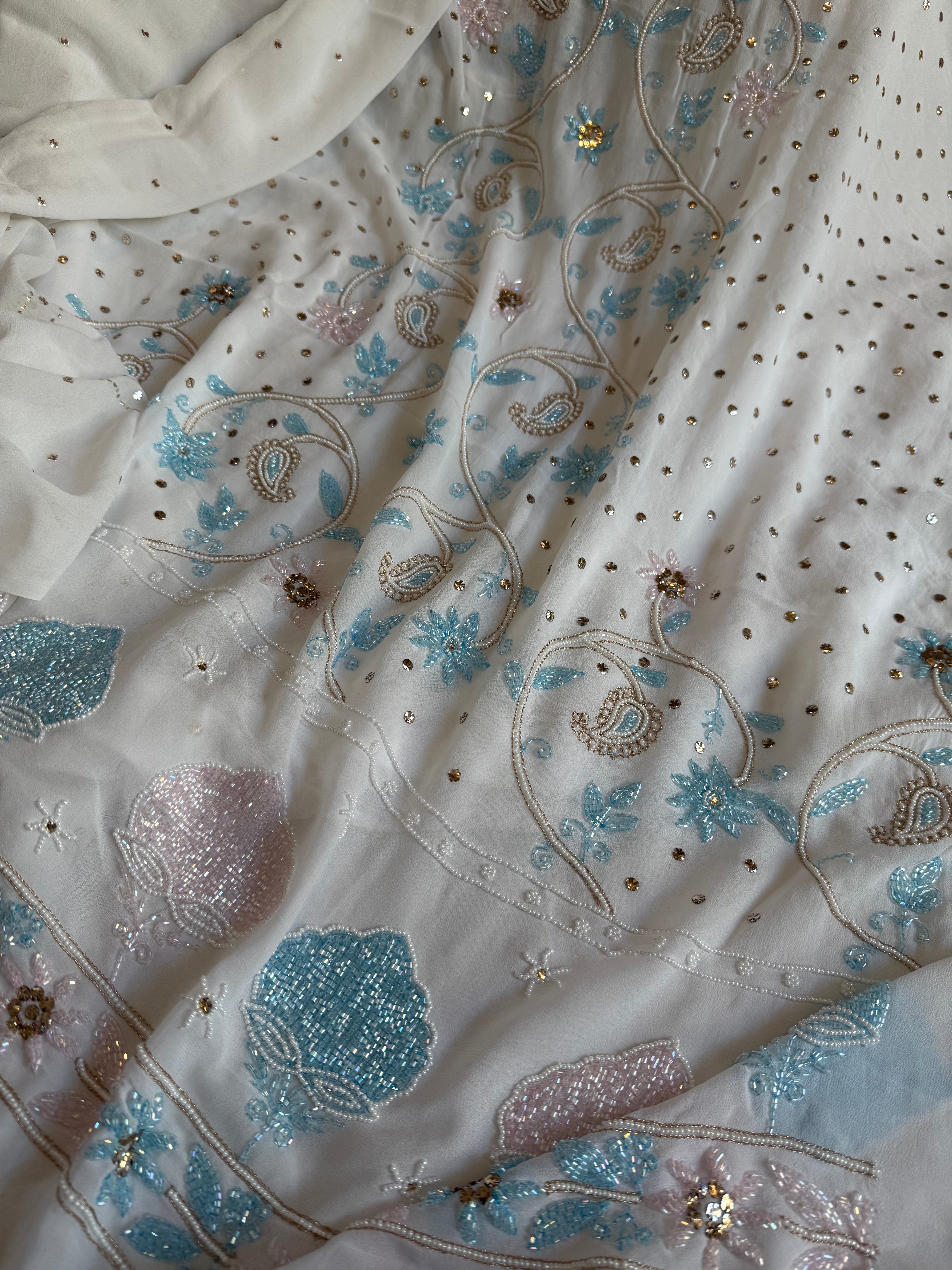 Banarasi gorgette mukaish and pearlwork hand embroidered kadhwa suits