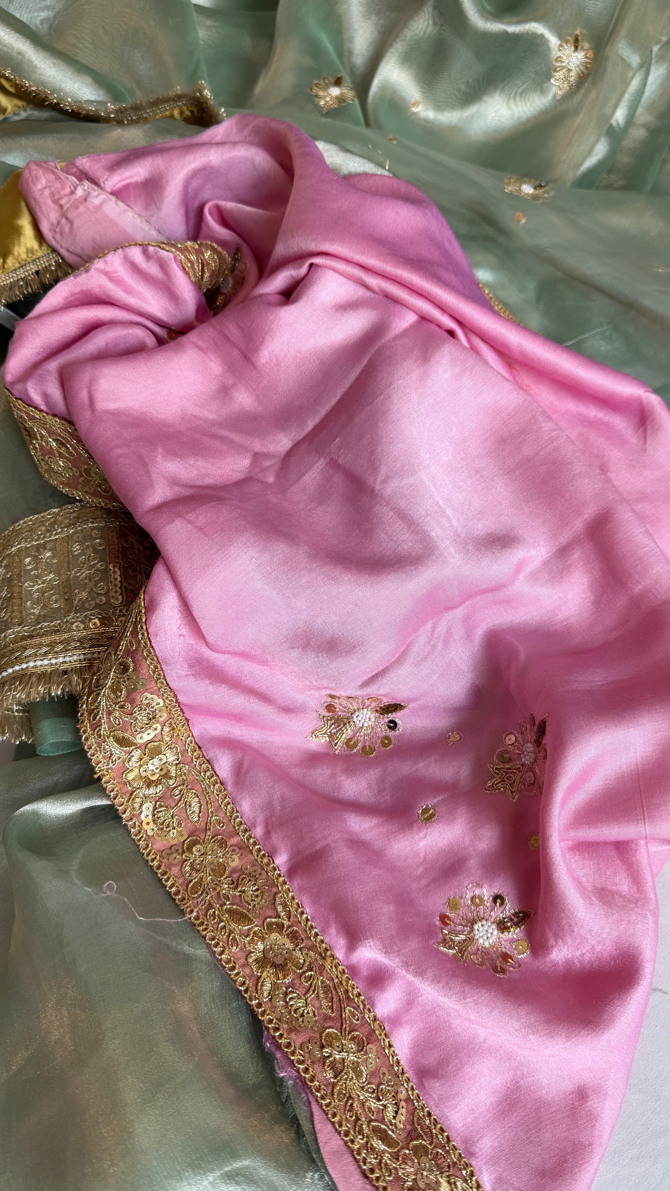 Hina khan inspired sage-green blush pink hand embroidered kadhwa tissue saree