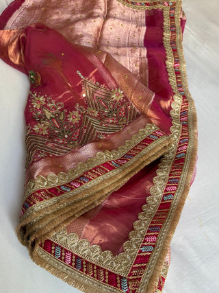 Mughal motif inspired- Rani pink dhup chao effect husn tissue silk hand embroidered saree