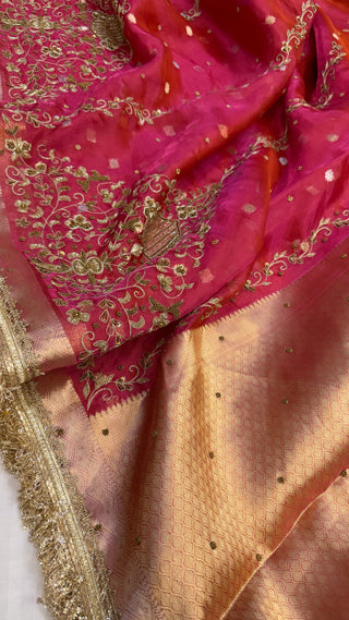 Cocktail wali saree - Strawberry pink tissue silk heavy hand embroidered saree