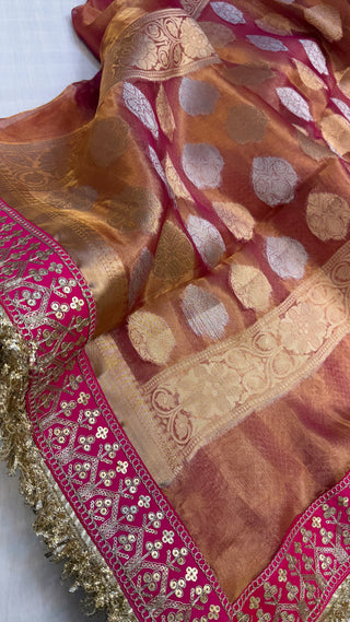 Kanjivaram rani pink maharani tissue silk meenakari border saree