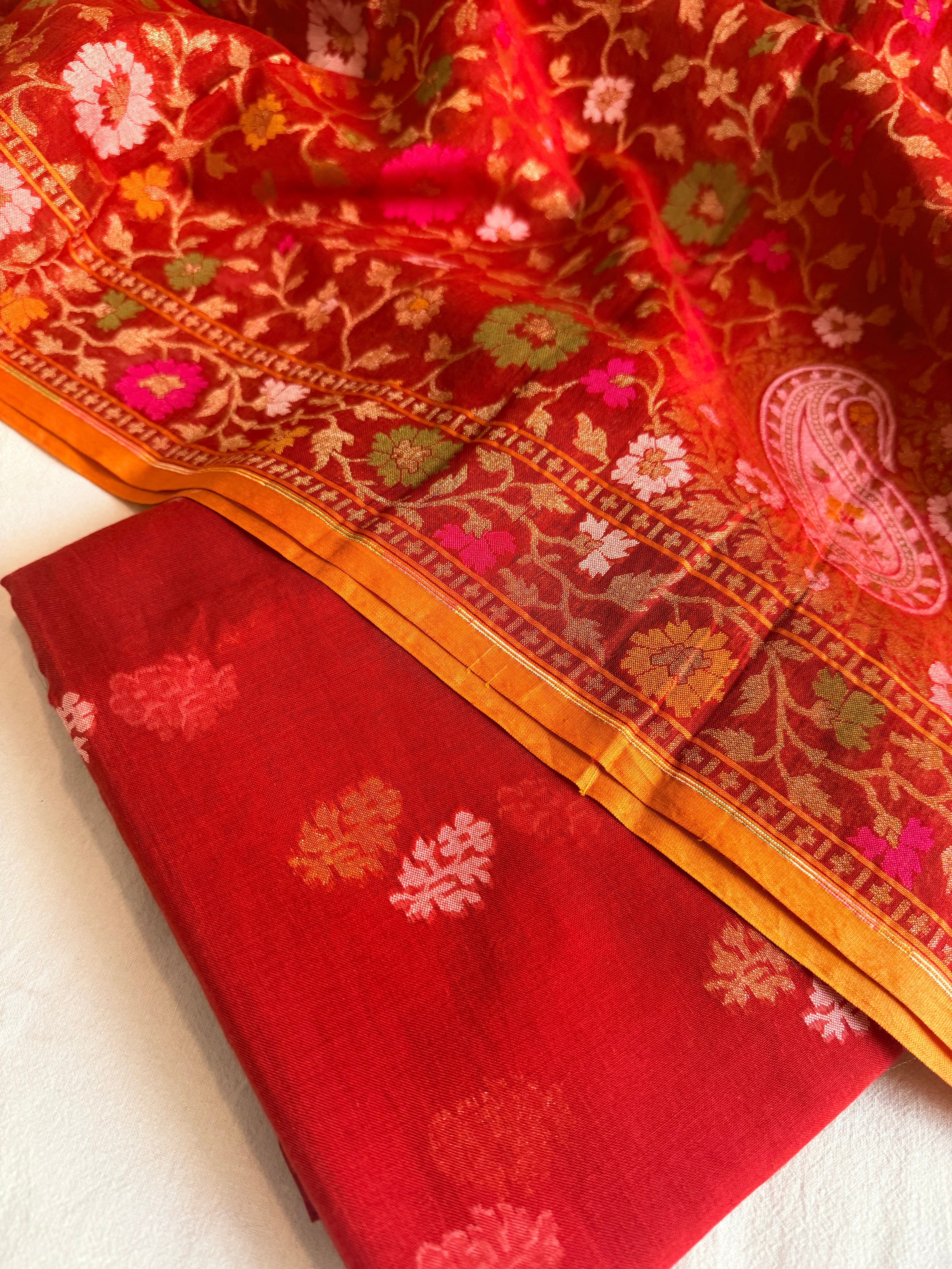 Banarasi iktara jamdani blood red sona rupa kadhwa suit set