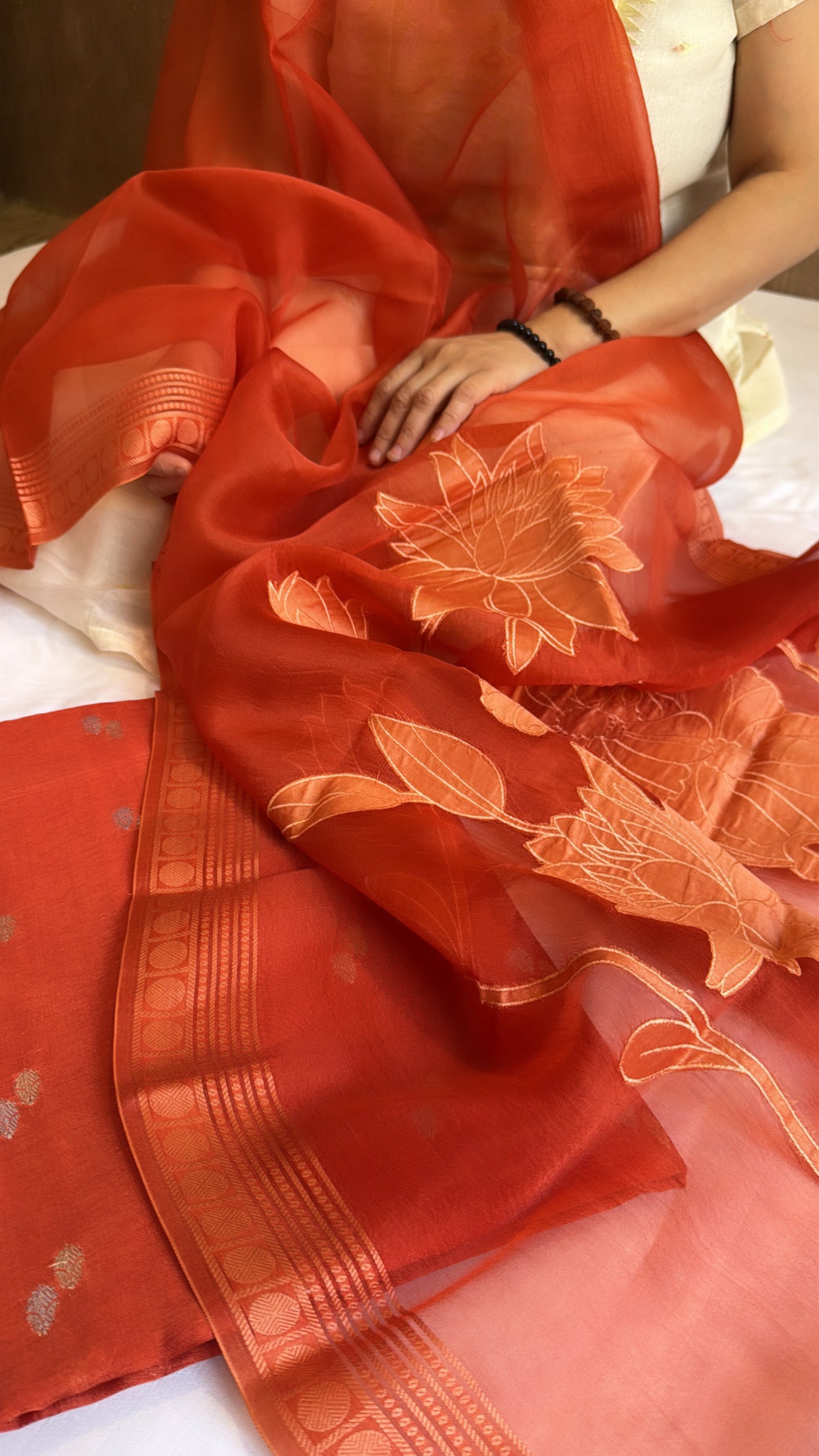 Rustic fanta orange kora silk appliqué work duppata paired with chiniya silk kurta set