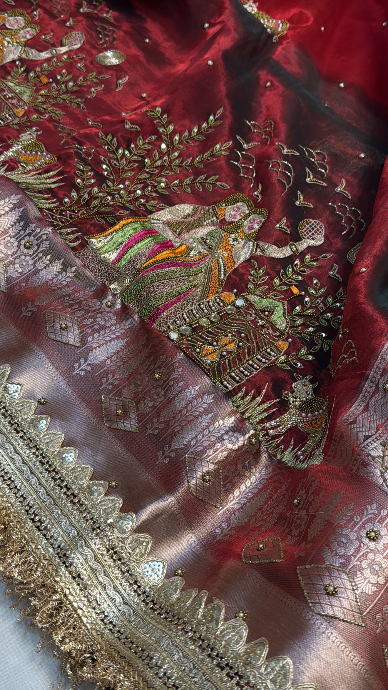 Dulhan ka joda husn red tissue silk hand embroidered kadhwa saree