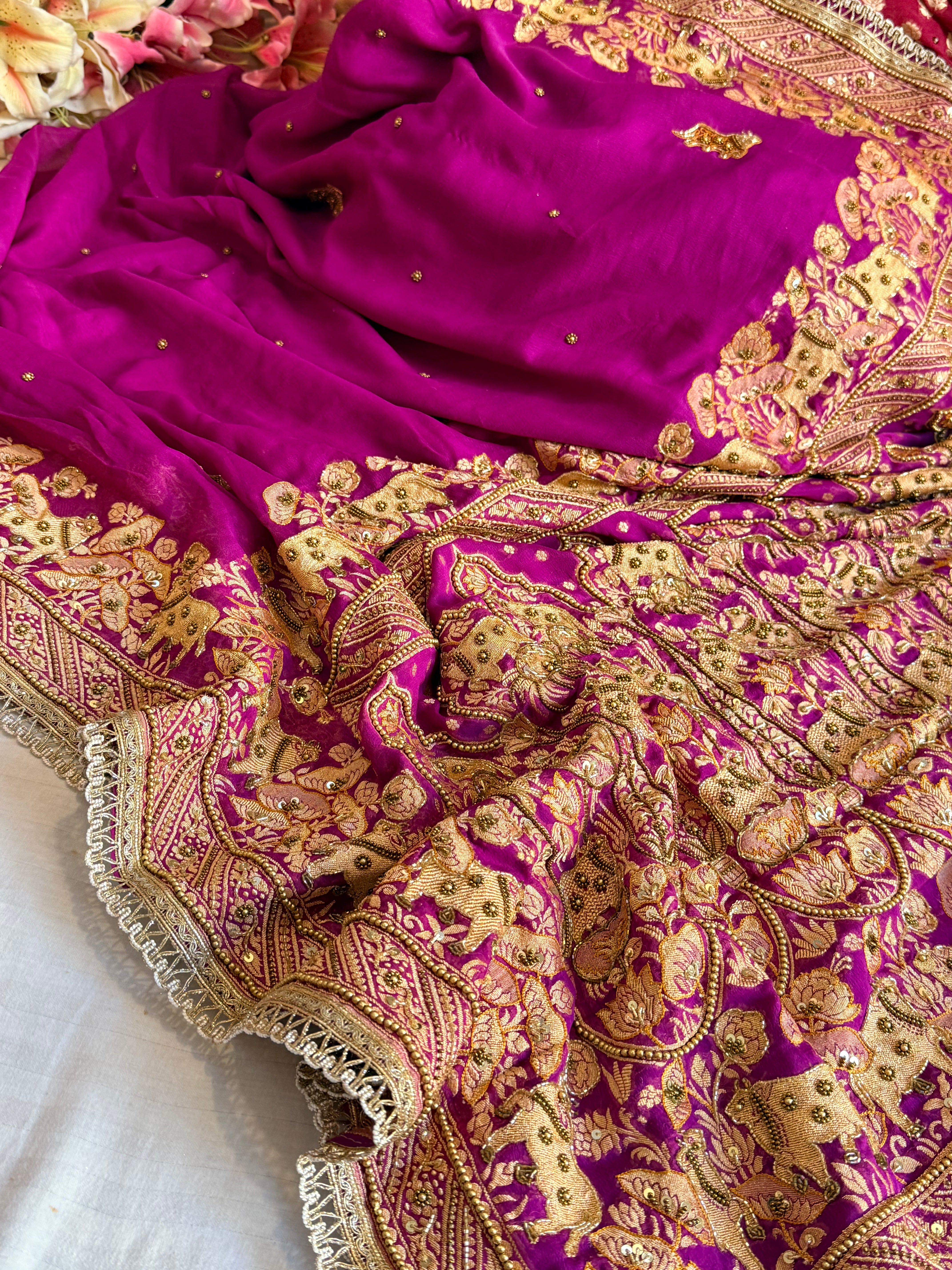 Banarasi chiffon gorgette purple hand embroidered kadhwa saree
