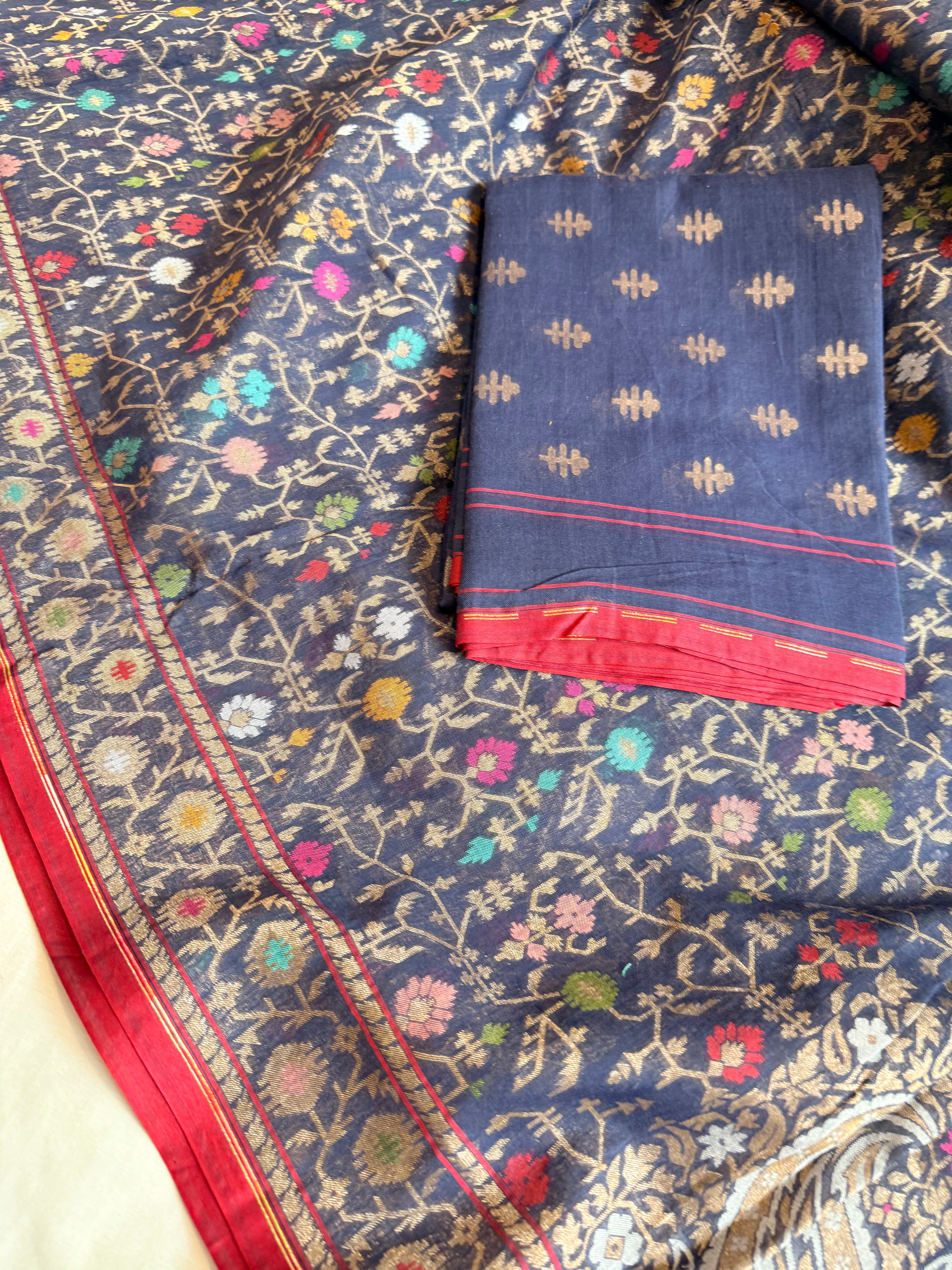 Banarasi iktara jamdani navy blue sona rupa kadhwa suit set