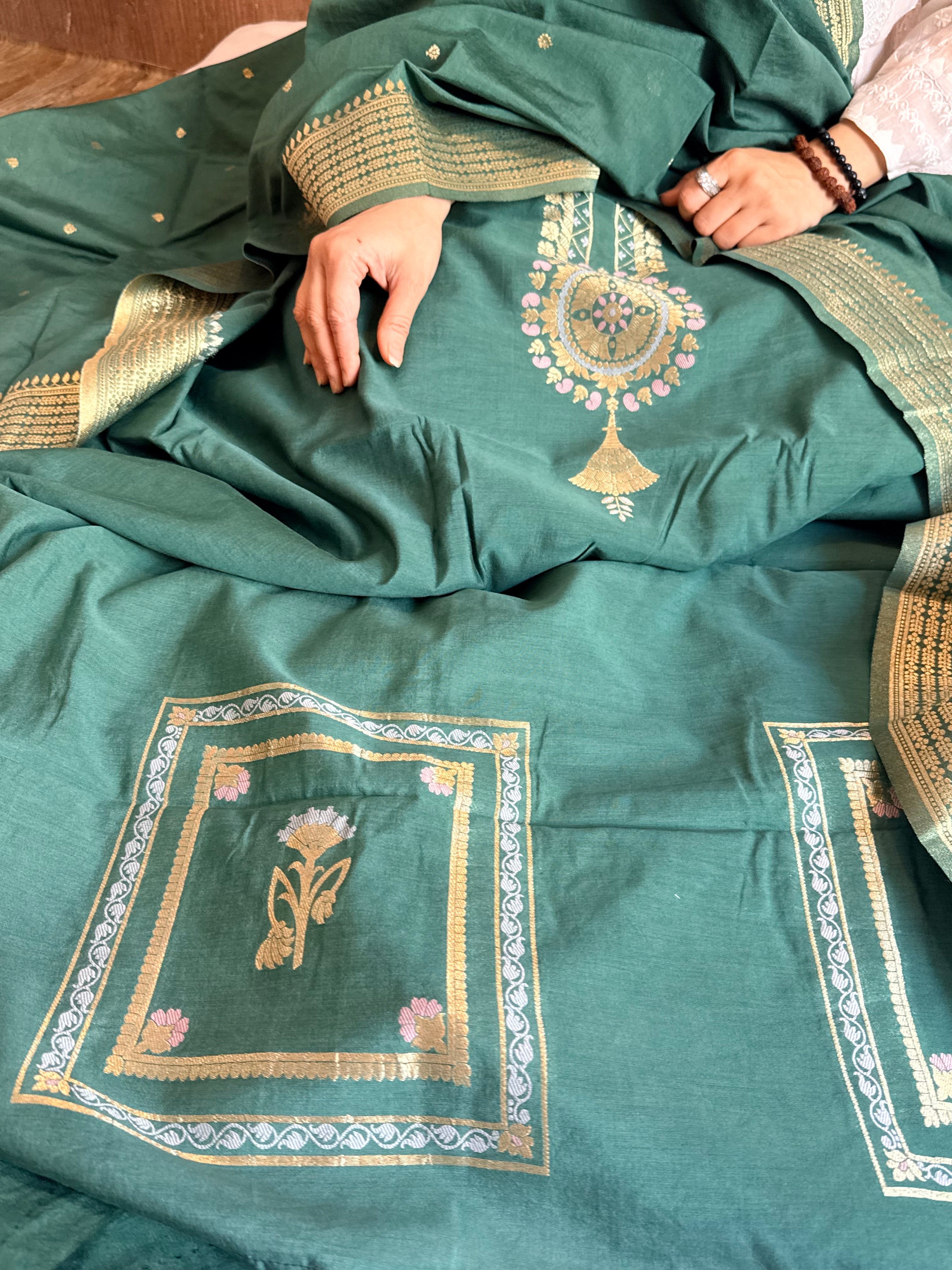 Below 10k - Mughal design inspired cotton silk banarasi suit set