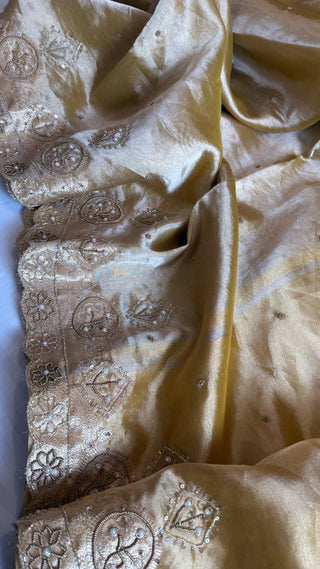 Husn soft golden tissue silk heavy zardozi hand embroidered saree