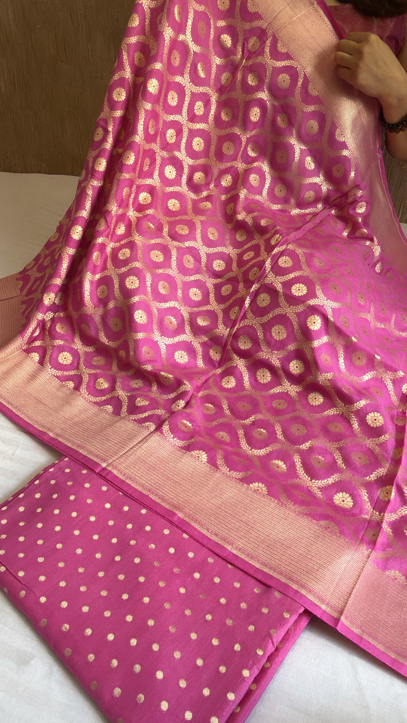 Strawberry pink moonga silk kadhwa jaal suit set
