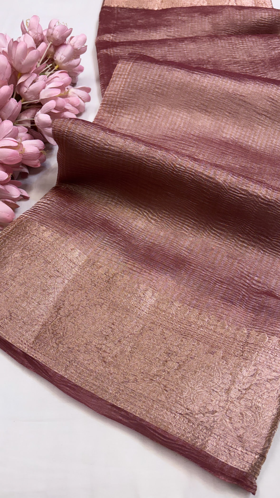 Pure banarasi garnet red crushed tissue silk handwoven kadhwa saree with intricate border and kadhwa blouse