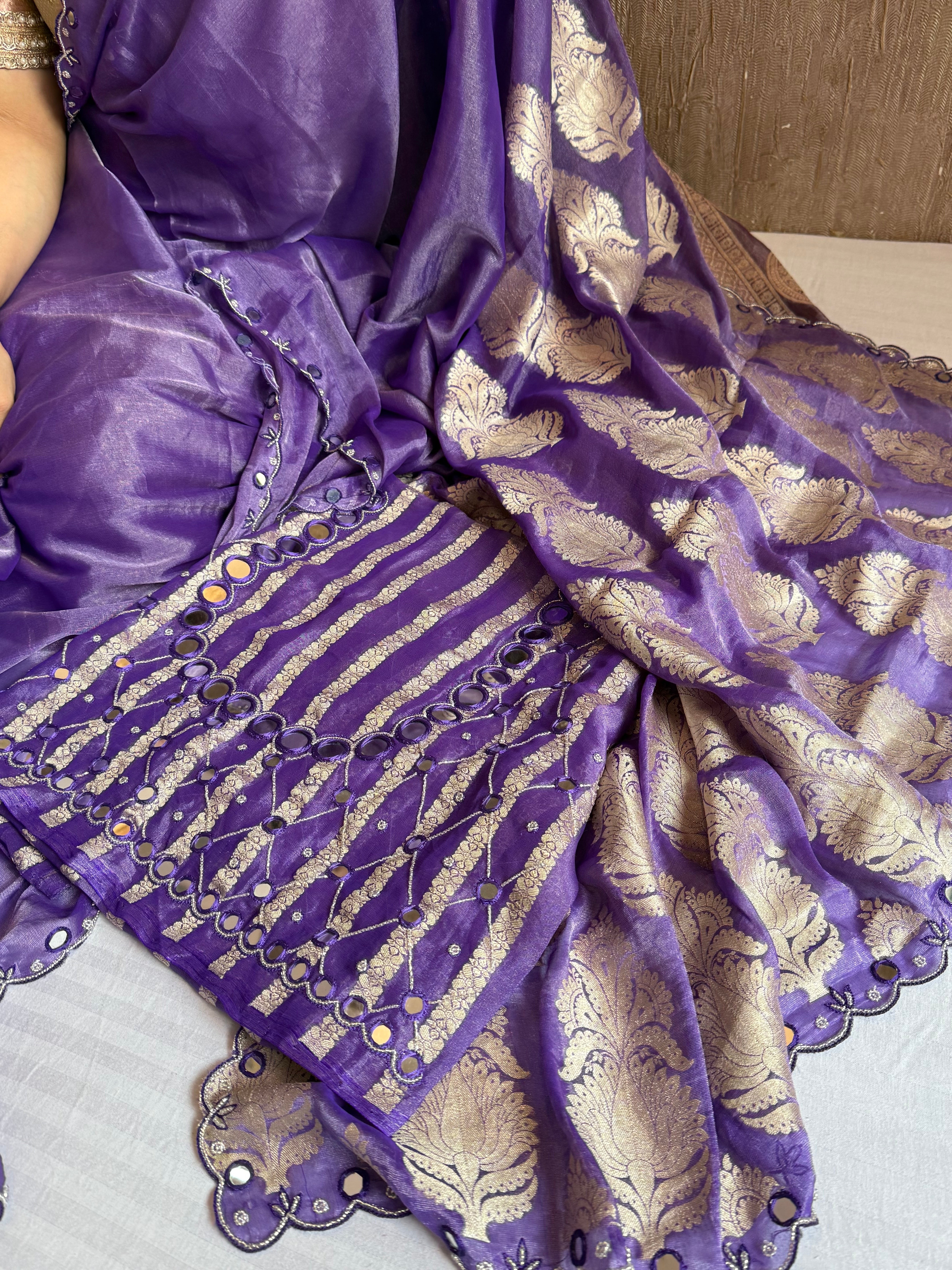 Bright royal purple tissue gorgette kadhwa mirror work hand embroidered saree