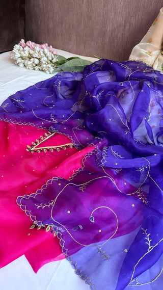 Husn hot pink-purple kora silk hand embroidered suit set