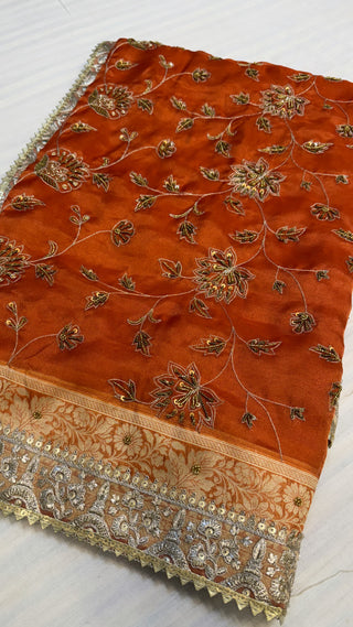 Trousseau edit — Narangi orange tissue silk hand embroidered saree