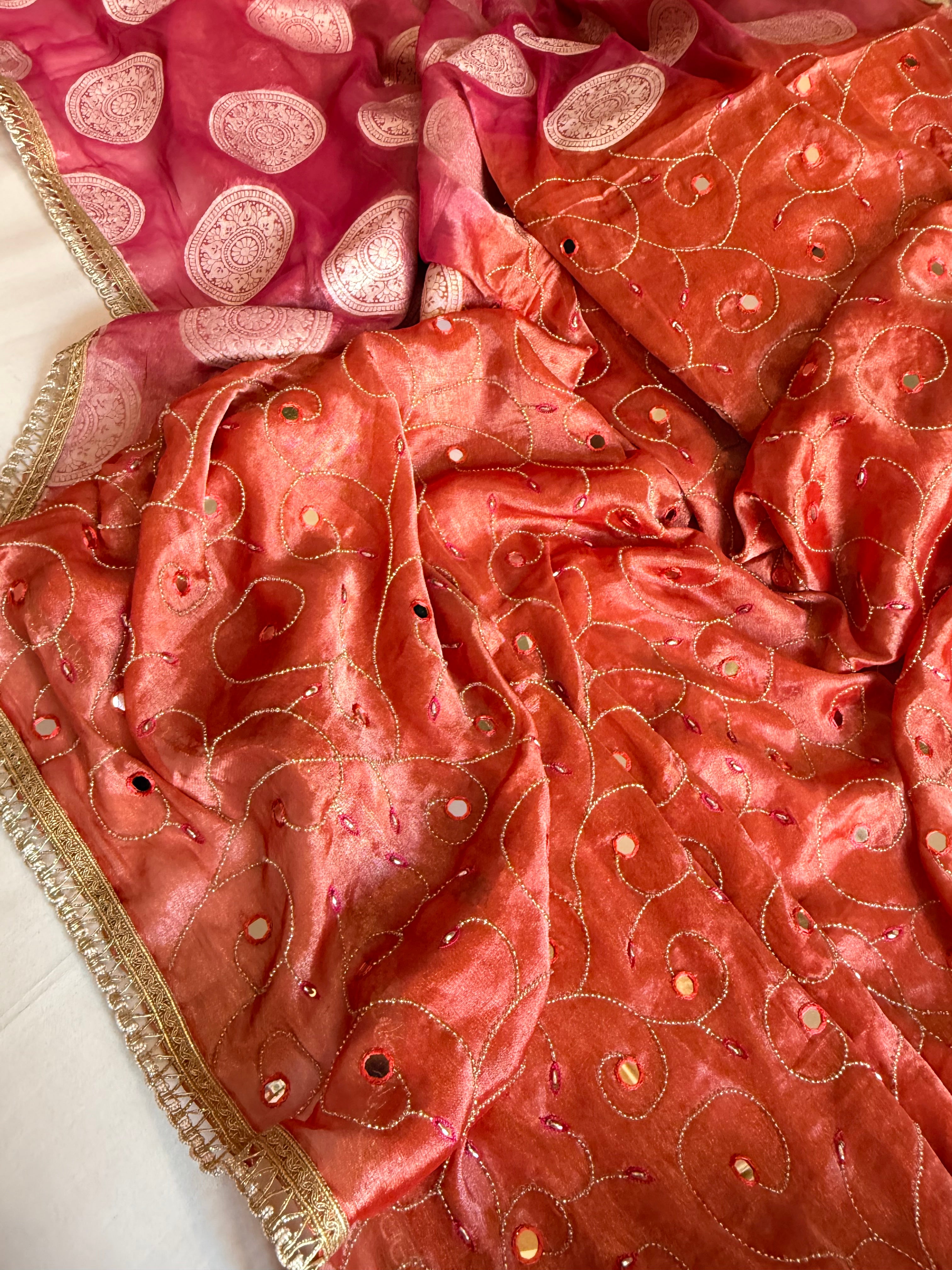 Tomato gajri red tissue silk half polka dot-half hand embroidered kadhwa saree