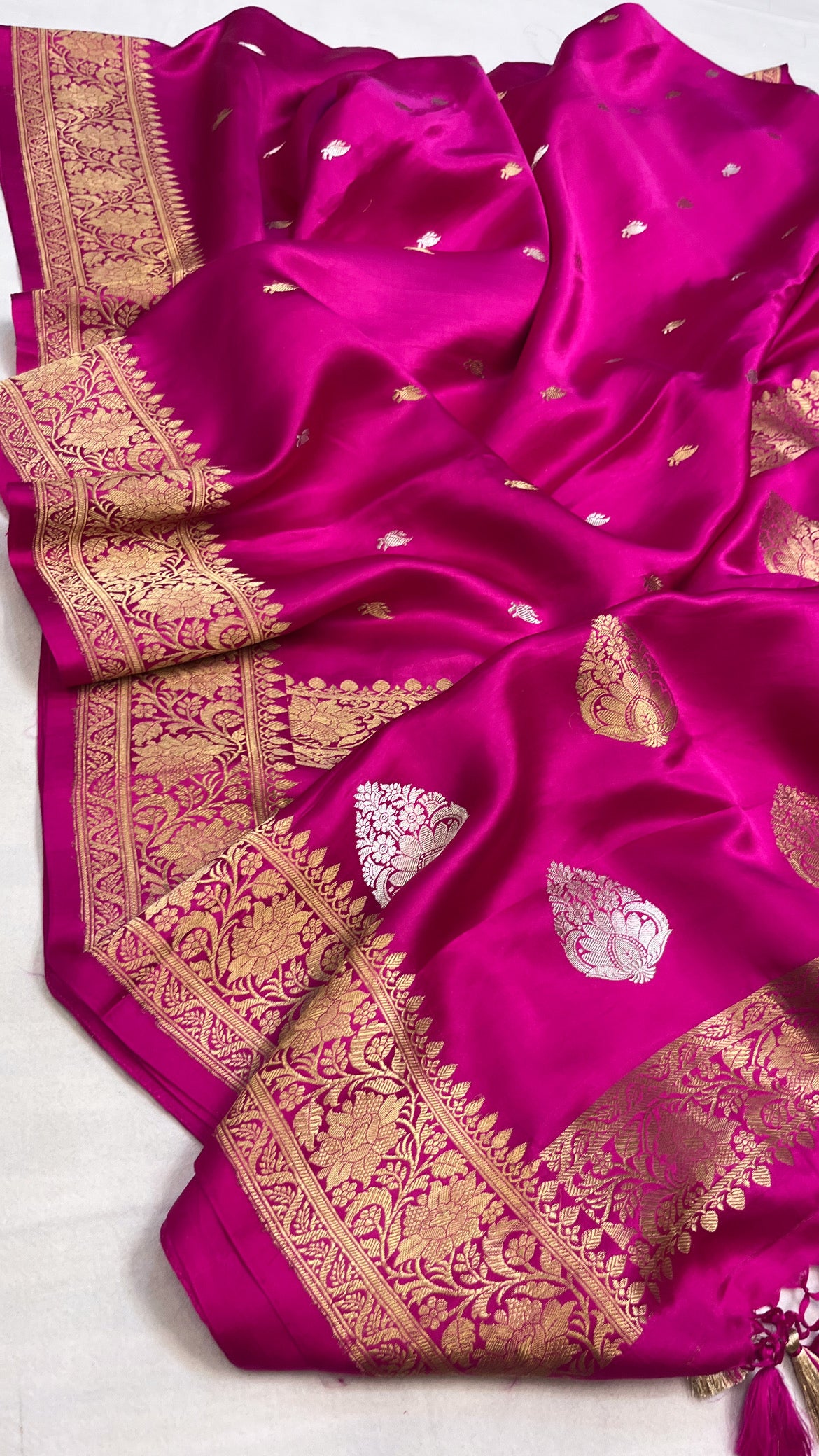 Hot pink mashru silk kadhwa buti saree