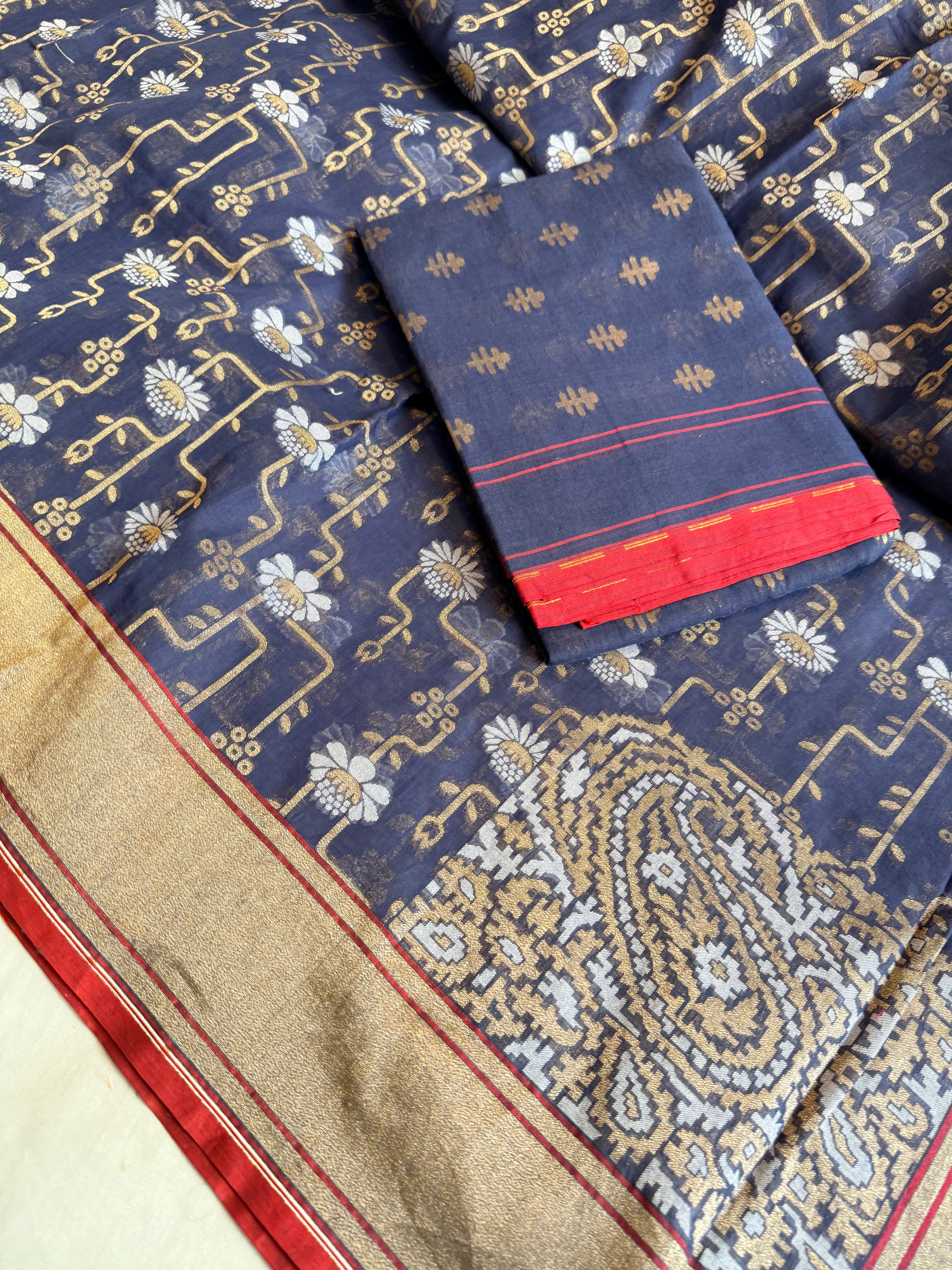 Banarasi iktara cotton jamdani navy blue sona rupa kadhwa suit set