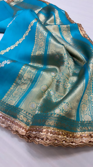 Sky blue shade leela kora silk jungla saree