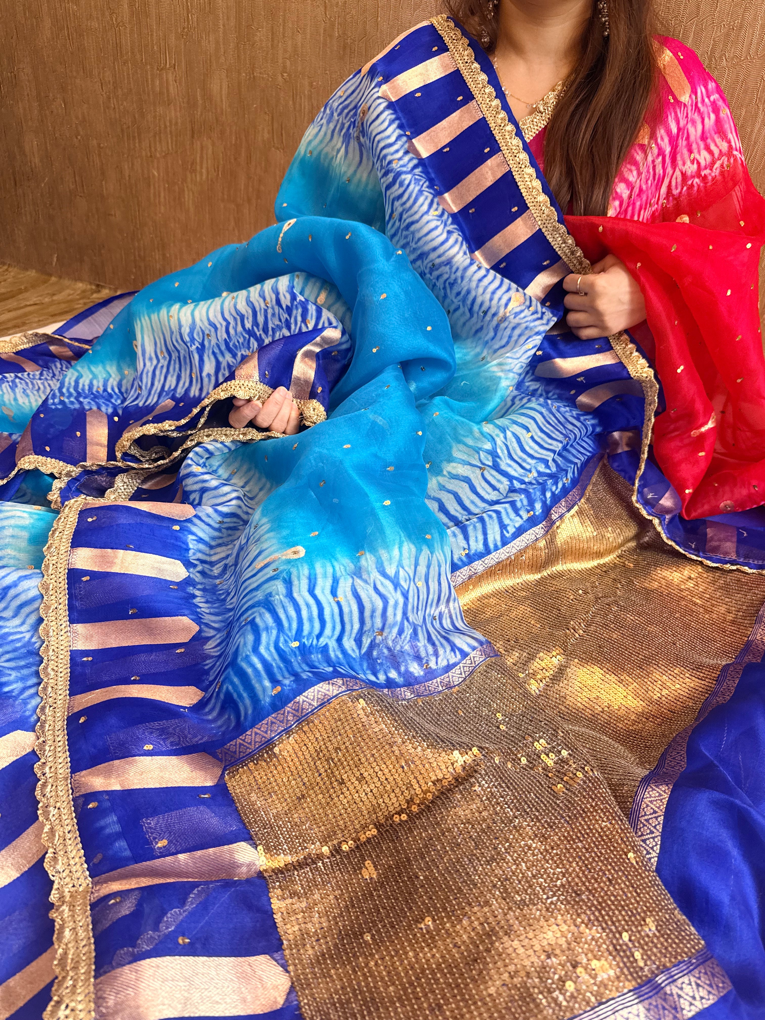 Shibori dye kora silk salma sitara work hand embroidered sequins saree