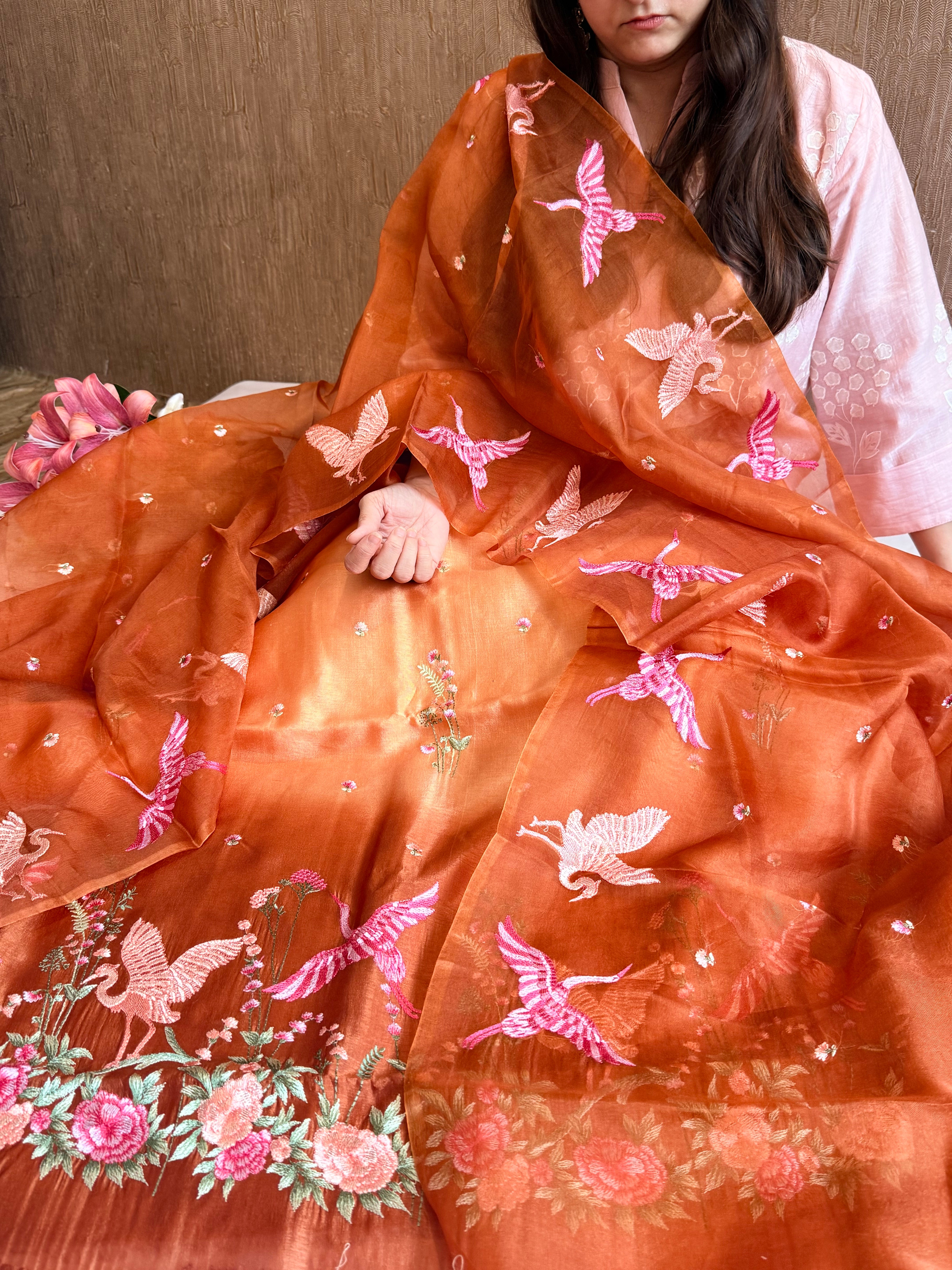 Mango silk flamingo motif hand embroidery suit set