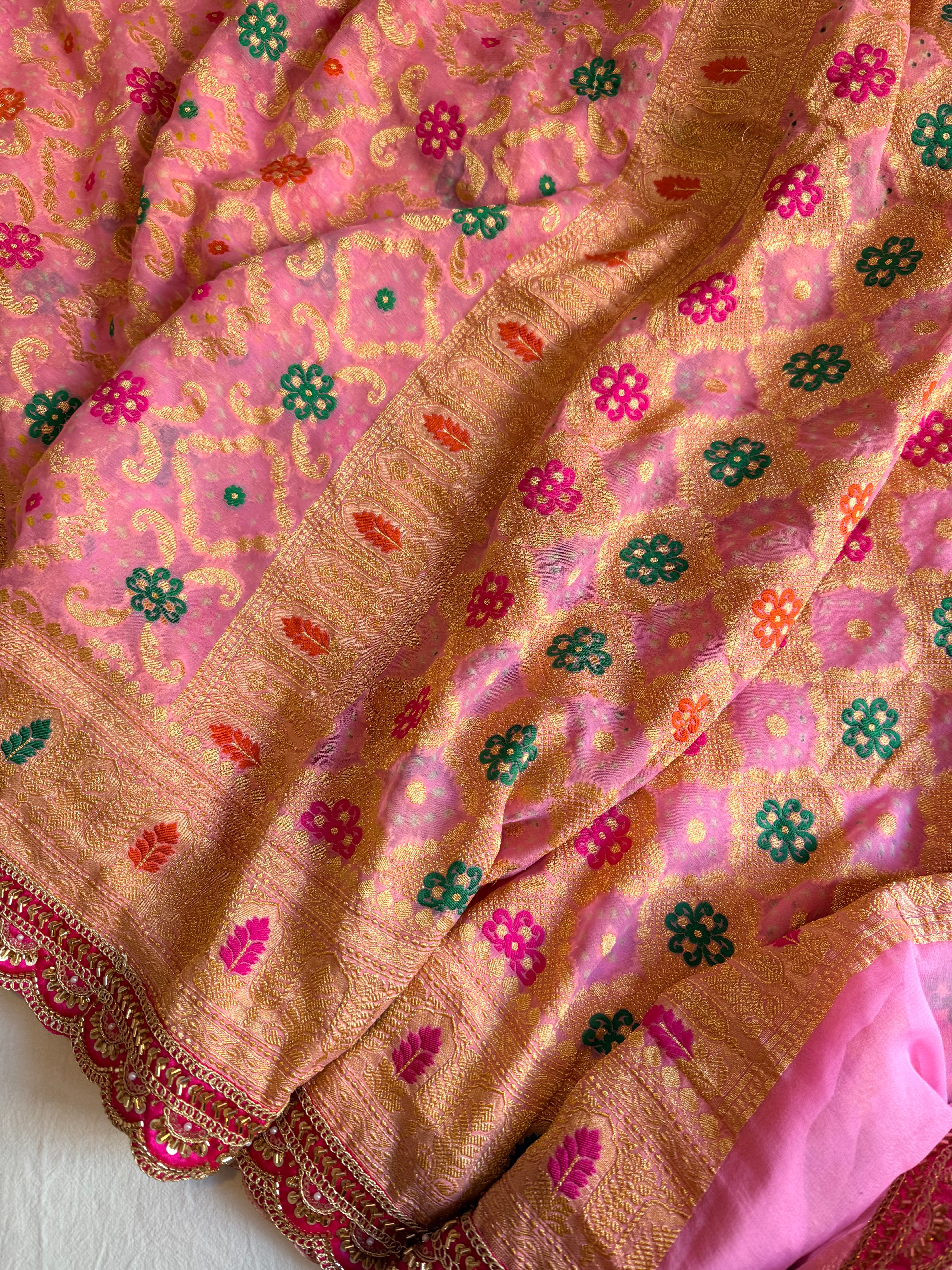 Banarasi blush shades of chiffon rai bandhej mirror work gotapatti saree