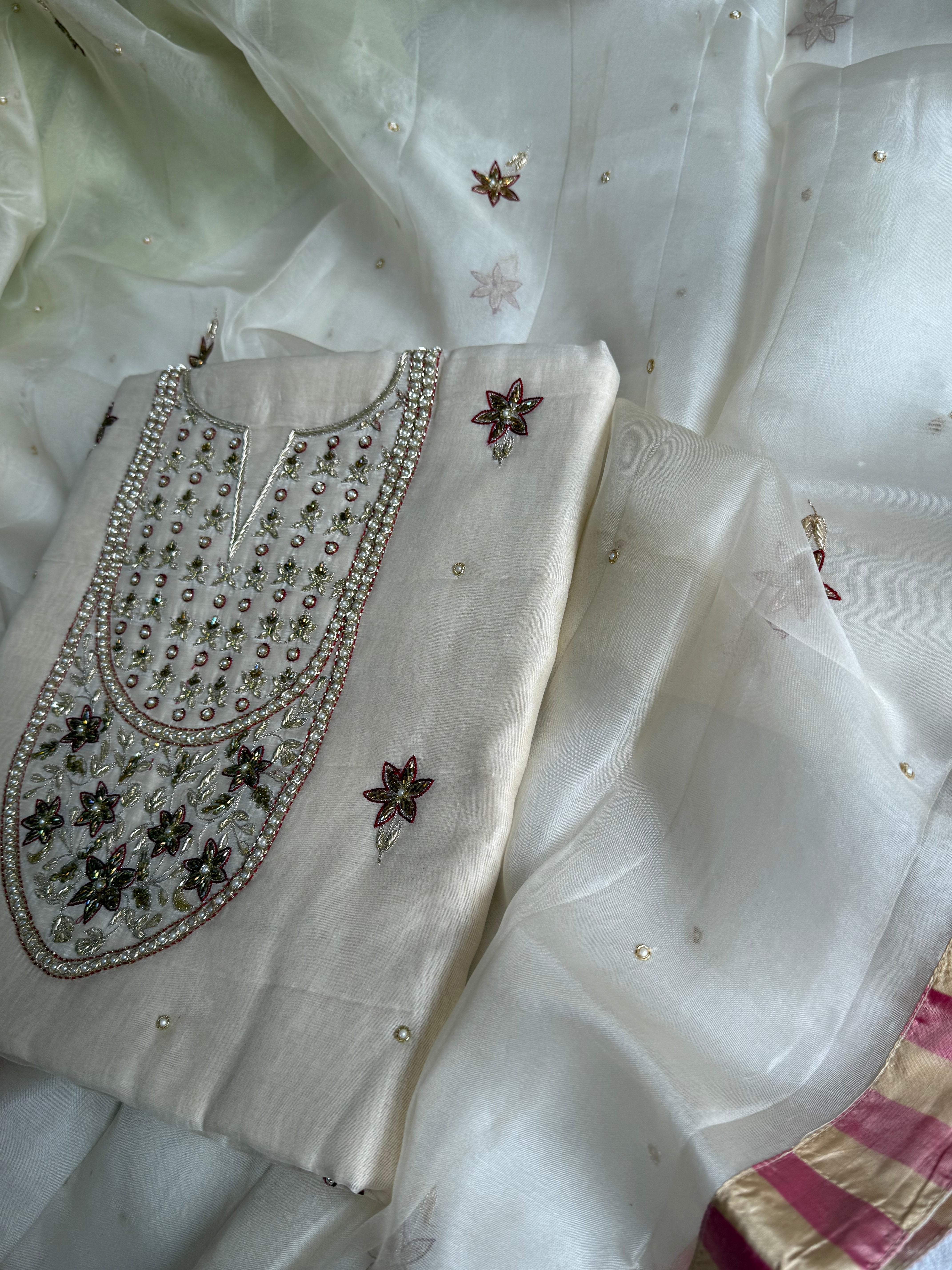 Banarasi formal wear mul cotton off white hand embroidered suit set banarasi border kora silk duppata